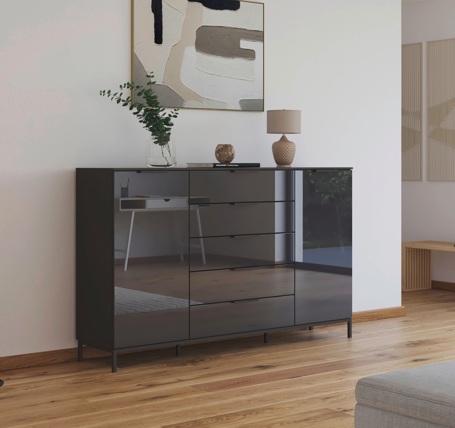 rauch "Kommode Türkommode Sideboard Kombikommode FLIPP mit Glasfront" Breite 160/180 cm mit 4 Einlegeböden, 2-trg mit 5 Schubladen und Soft-Close-Funktion, Glasfront, 2 Breiten