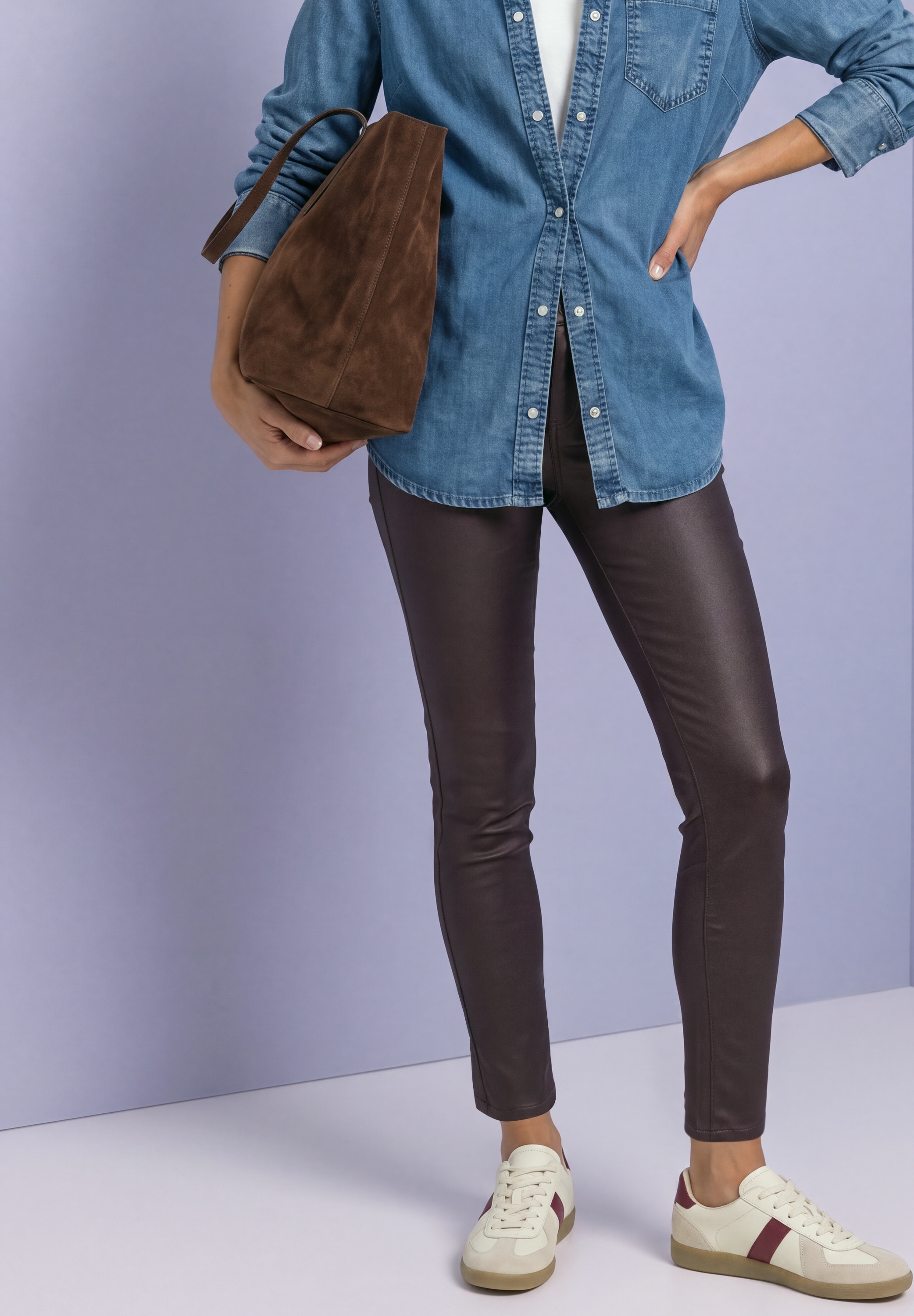 STREET ONE Lederimitathose "Style York" Mid Waist Hose im Slim Fit in Leder-Optik