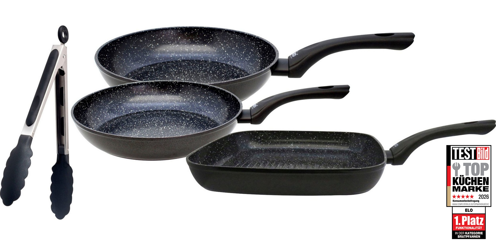 Elo Pfannen-Set "Pure Belugo" Aluminium Set, je 1 Bratpfanne Ø 20/24 cm, 1 Grillpfanne 28x28 cm, 1 Servierzange, 4 Stk. tlg. keramische Beschichtung, Induktion