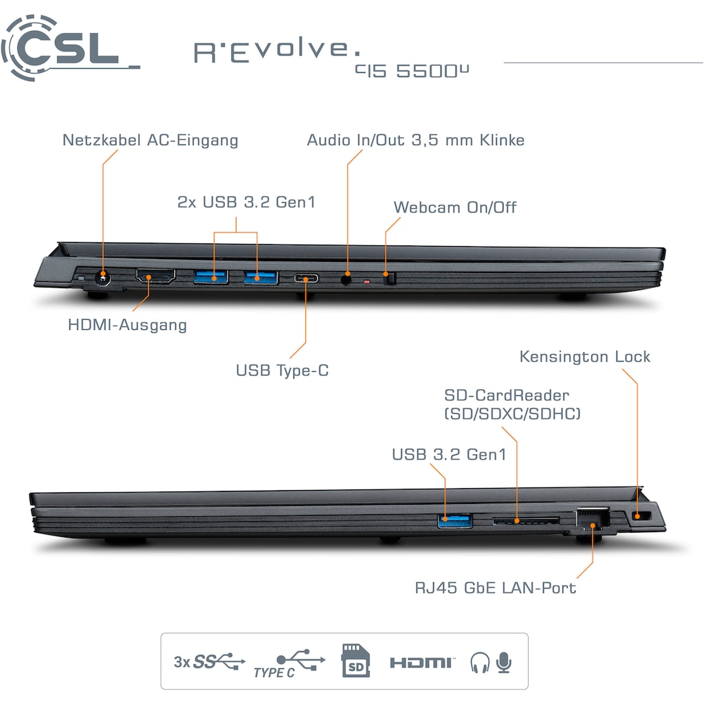 CSL Notebook »R'Evolve C15 5500U / 8GB / 2000GB / Windows 11 Home«, 39,6 cm, / 15,6 Zoll, 2000 GB SSD