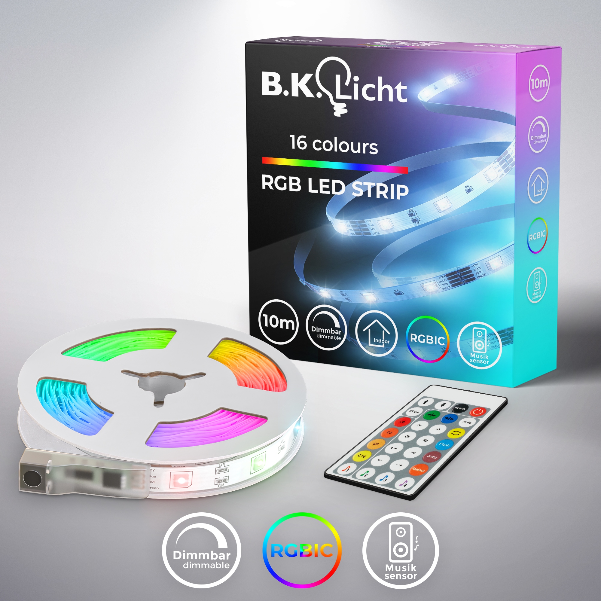 B.K.Licht LED Stripe »RGBIC LED Strip, 10 m, mit Musiksensor«, 300 St.-flammig, Lichtleiste, Band mit Farbwechse, mit Fernbedienung, selbstklebend