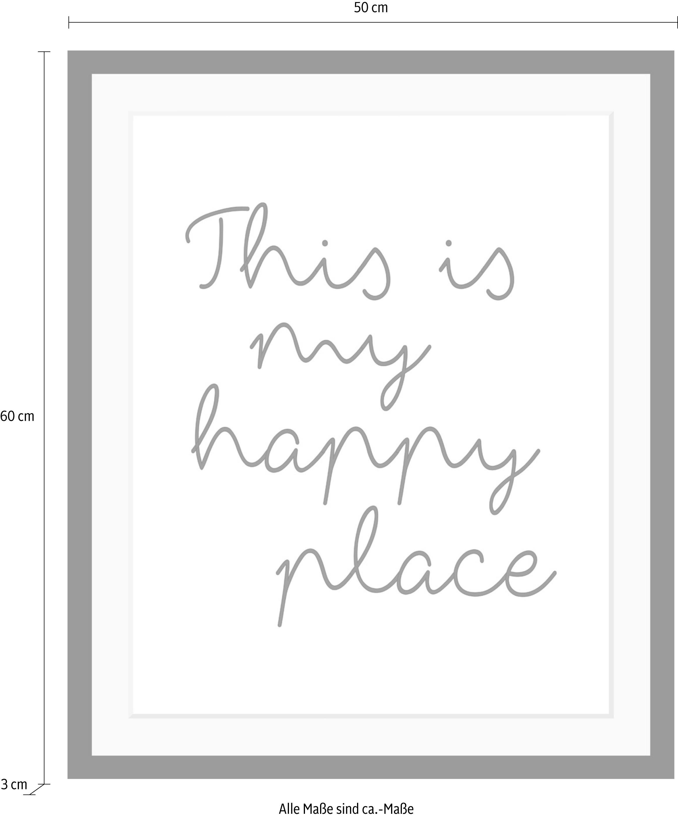 queence Bild »happy place«, Schwarz-Weiß-Schriftzug-Motivationsbilder-Fashion-Frau, HD Premium Poster-Druck inkl. Holzrahmen