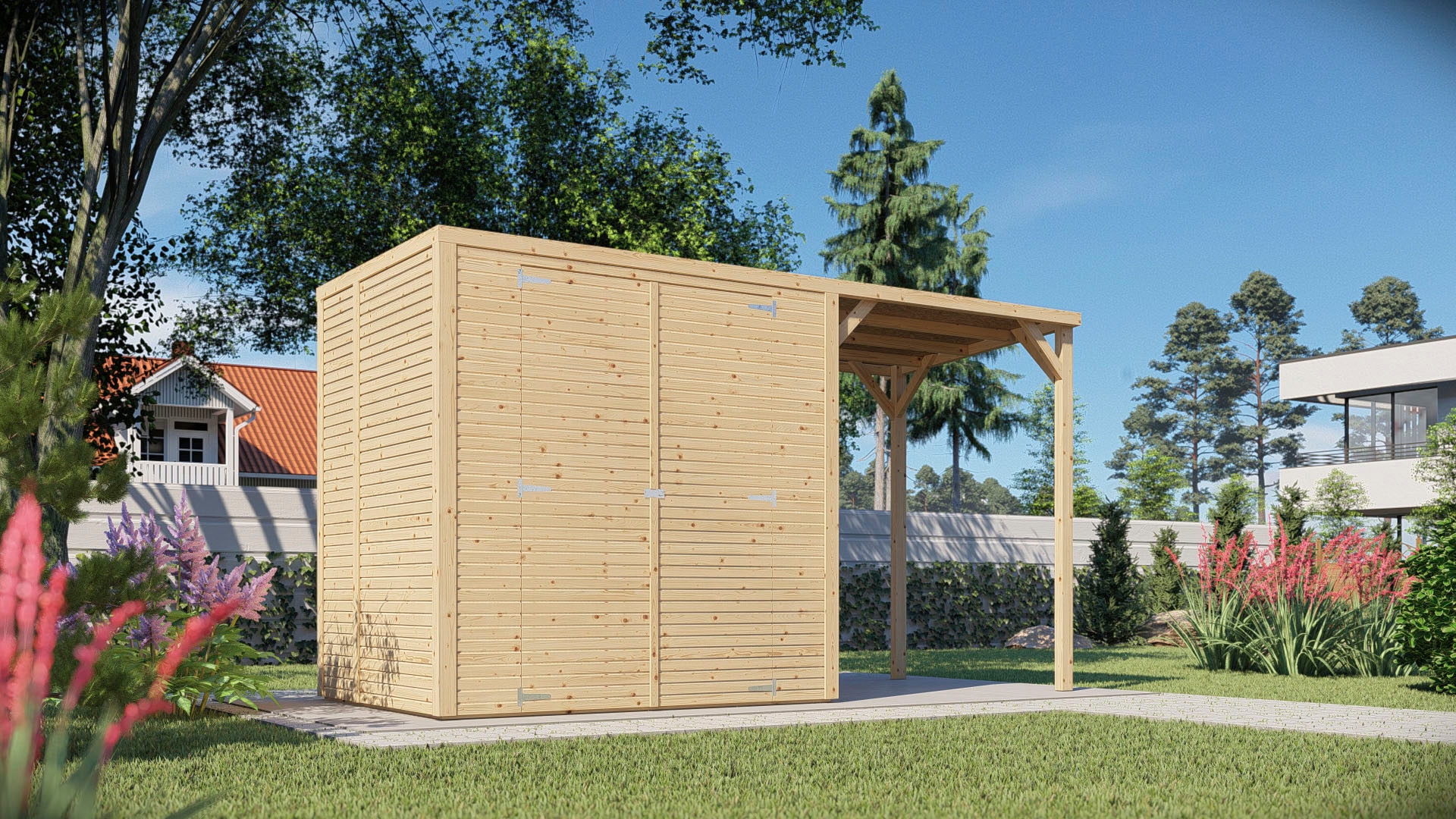 KONIFERA Gartenhaus »Beno 2 PLUS Fineline Flachdach«, mit Anbaudach