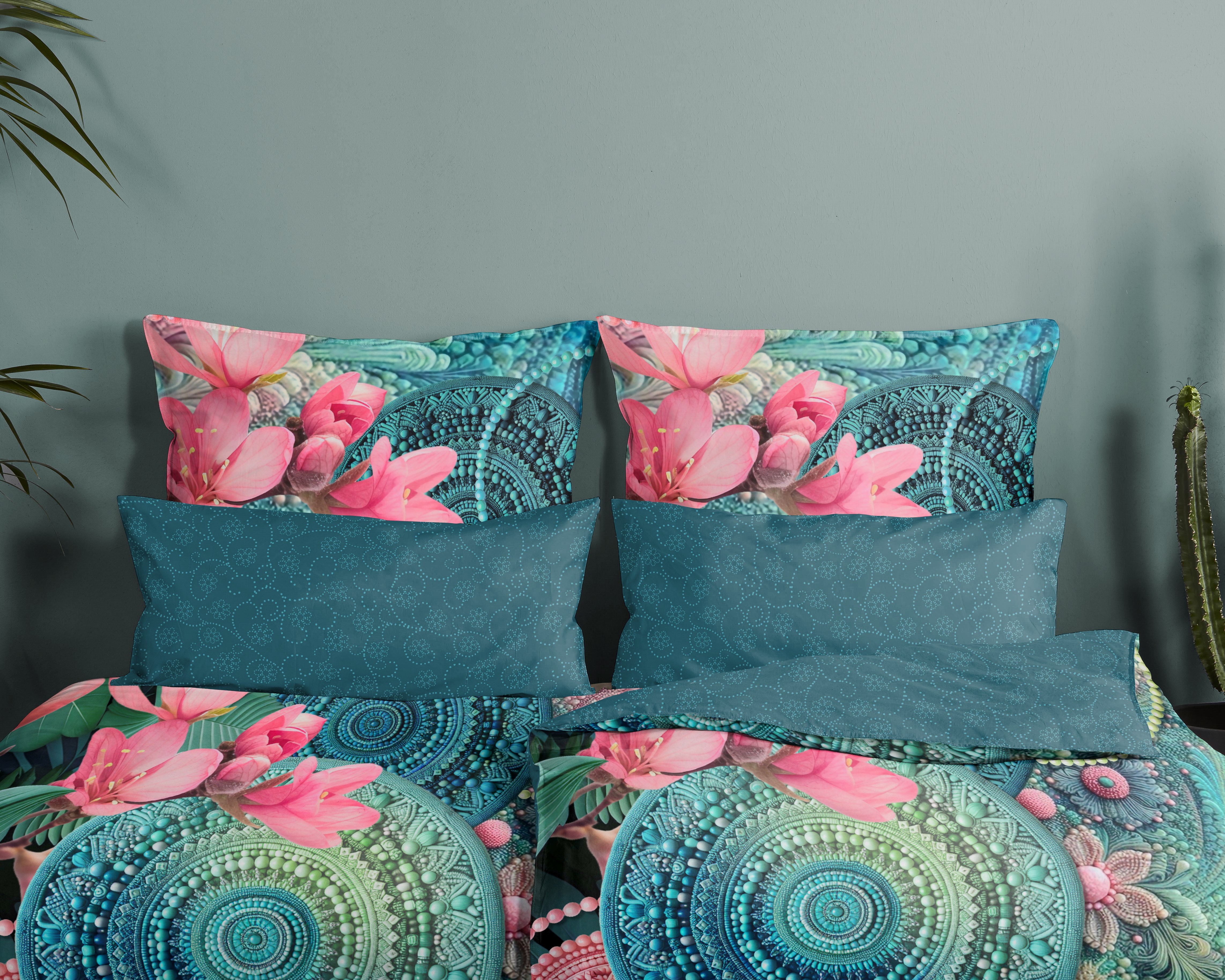 Thumbnail - hip Wendebettwäsche "Zahra" 2 Stk. tlg. Satin, Reißverschluss, Wendeoptik, Mandala, Blume, Petrol