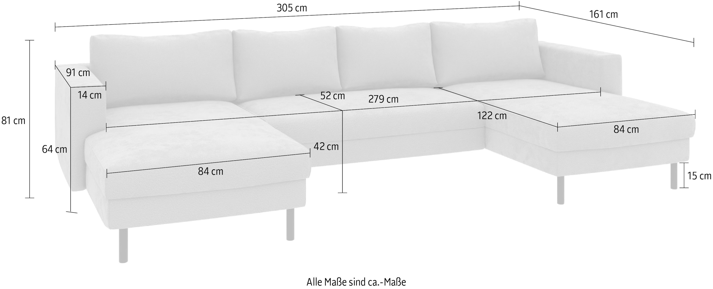 TRENDMANUFAKTUR Wohnlandschaft »Amazing II, wahlw. mit Schlaffunktion & Bettkasten, Fuß schwarz« Sofa in U-Form, in Cord, Struktur LEO o. Struktur LINO, Breite 305 cm