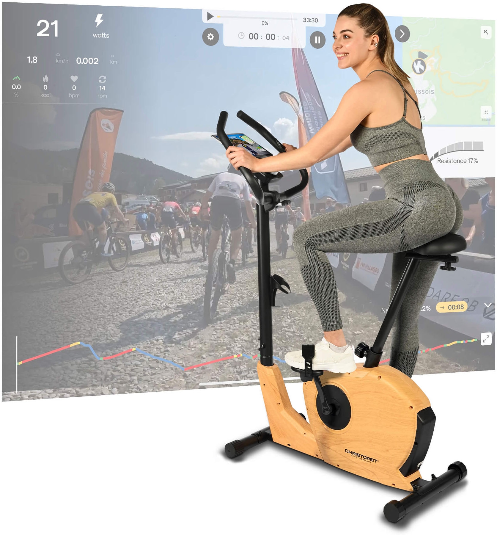 Christopeit Sport® Ergometer »ET 3.2«, (Elegante Holzoptik, Kinomap kompatibel), Schwungmasse ca. 7 kg, 32 Widerstandsstufen