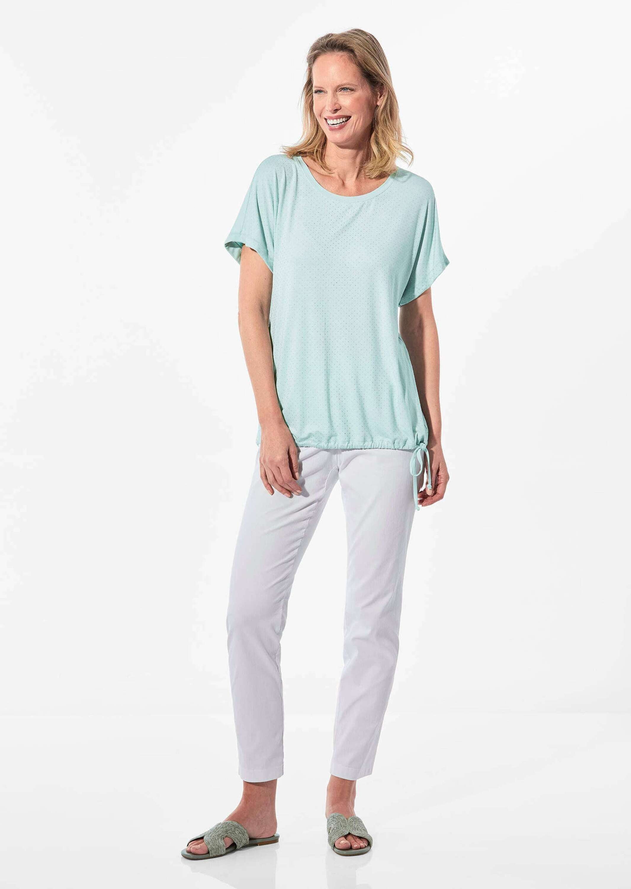 Kurzarmshirt GOLDNER "Shirt", Damen, Gr. 52, blau (hellblau), Obermaterial: 95% Viskose CV. 5% Elasthan EL., Sonstiges, Shirts, Dekorative Schnürung 3