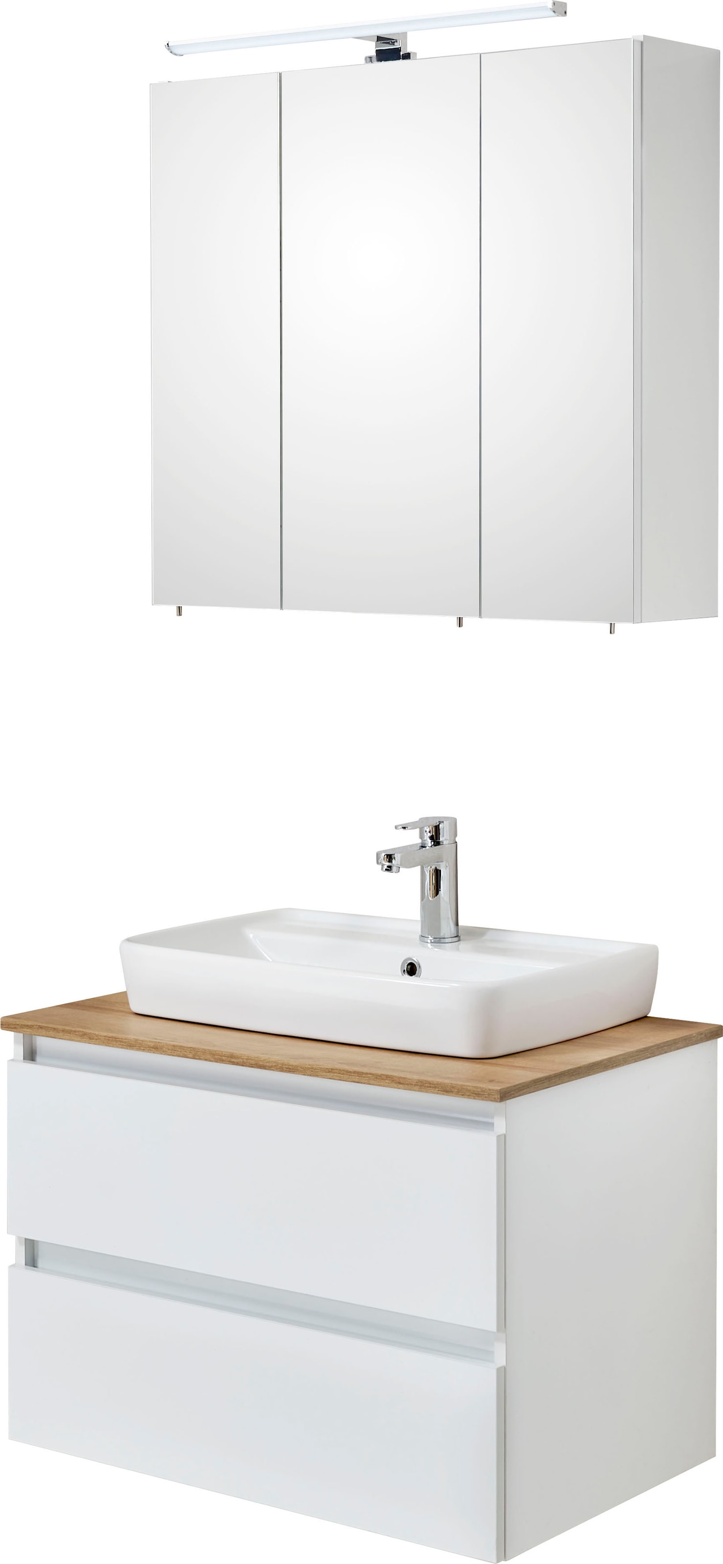 Saphir Badmöbel-Set »Quickset 360 2-teilig, Keramik-Aufsatzbecken mit LED-Spiegelschrank«, (2 St.), Waschtischplatte, 78 cm breit, Weiß Glanz, 3 Türen, 2 Schubladen