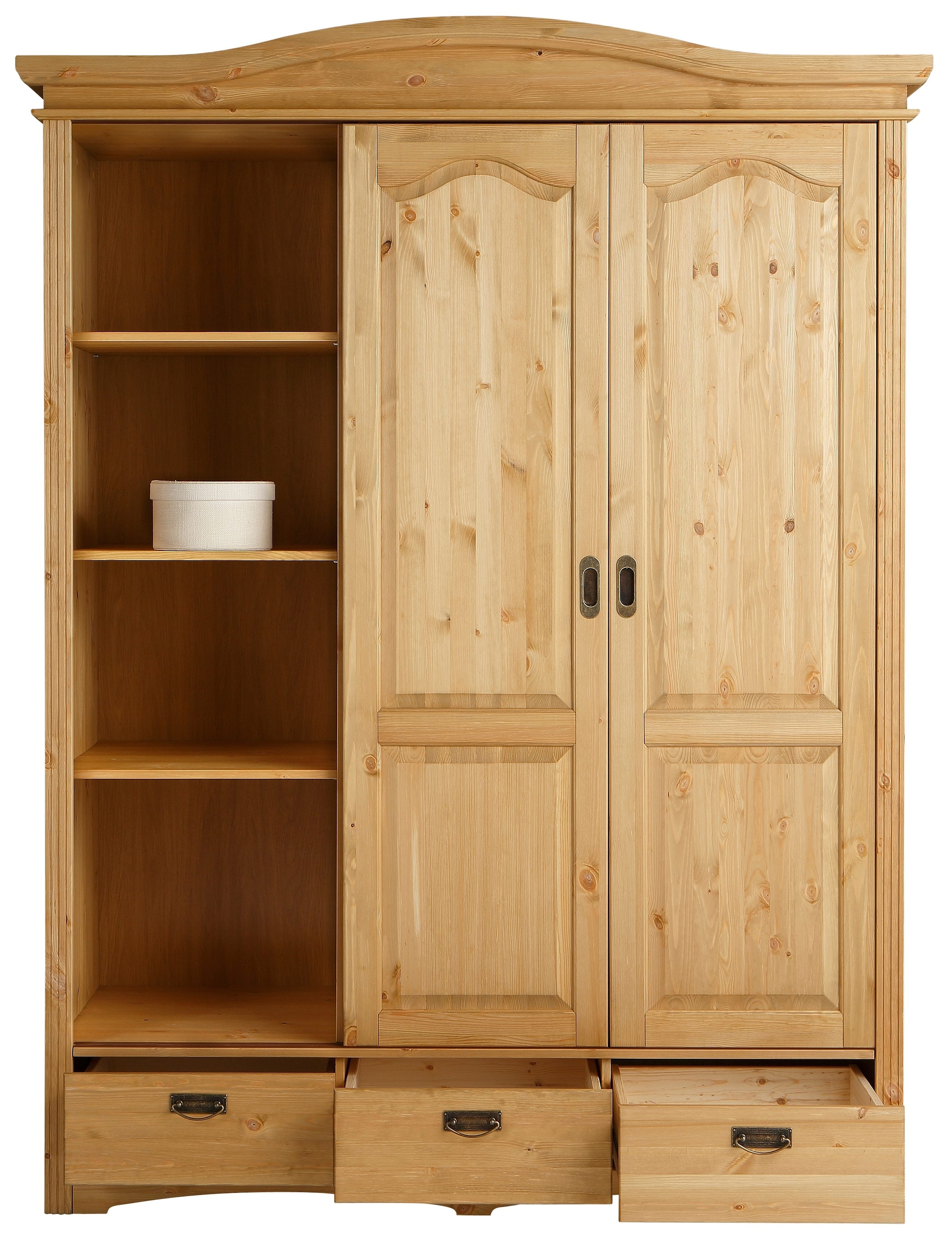 Home affaire Schiebetürenschrank »Konrad, Landhausstil, rustikal, mit Schubladen + Spiegel, Kassetten«, (3 Breiten: 153/202/249 cm H/T ca.207/64 cm), massive Kiefer, FSC®-zertifiziert, Messinggriffe, mehrere Varianten
