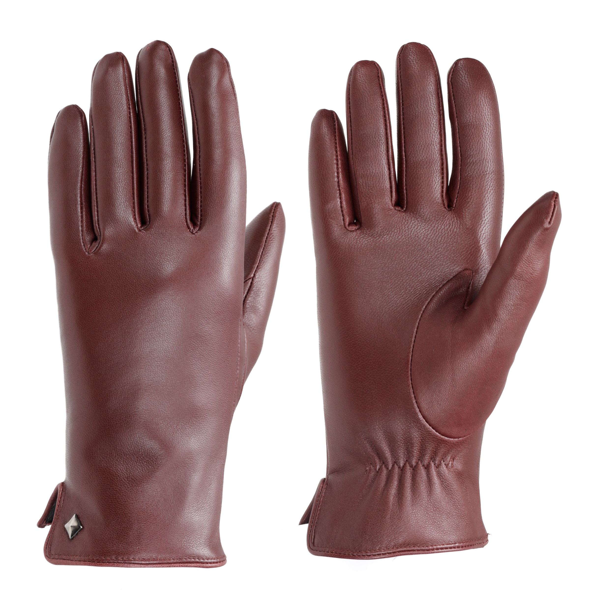 "Lederhandschuhe PEARLWOOD ""Meg"", Damen, Gr. 6,5, burgundy, Schafsleder, unifarben, Handschuhe, dekorativer Rockstud - elastischer Bund