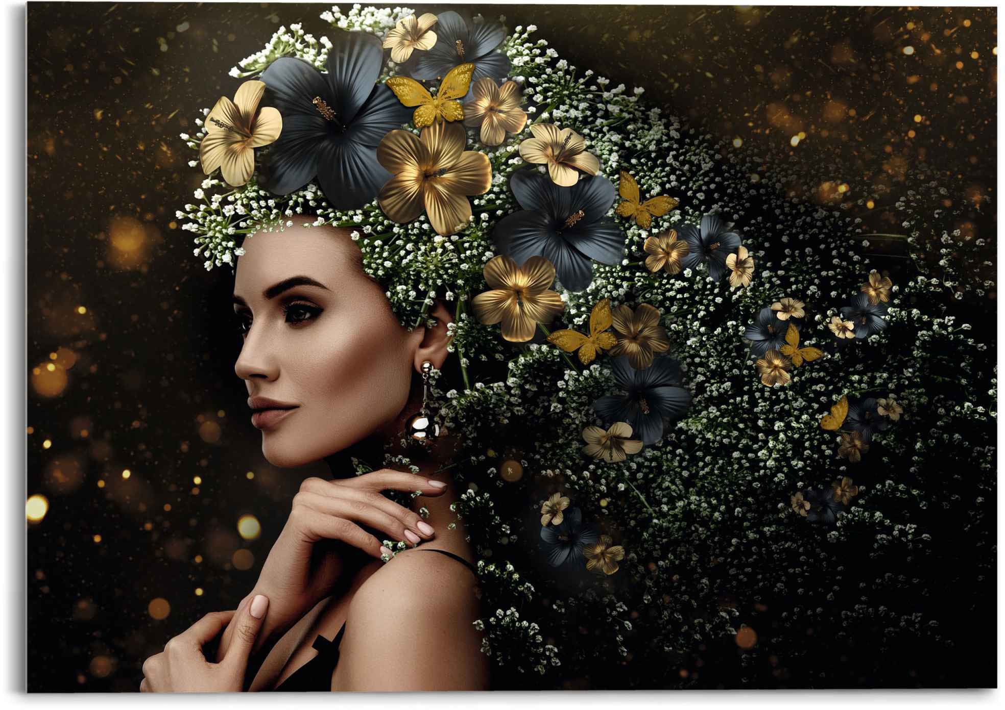 Reinders Glasbild "Glasbild Elegante Frau Blumen - Festlich - Schmetterling günstig online kaufen