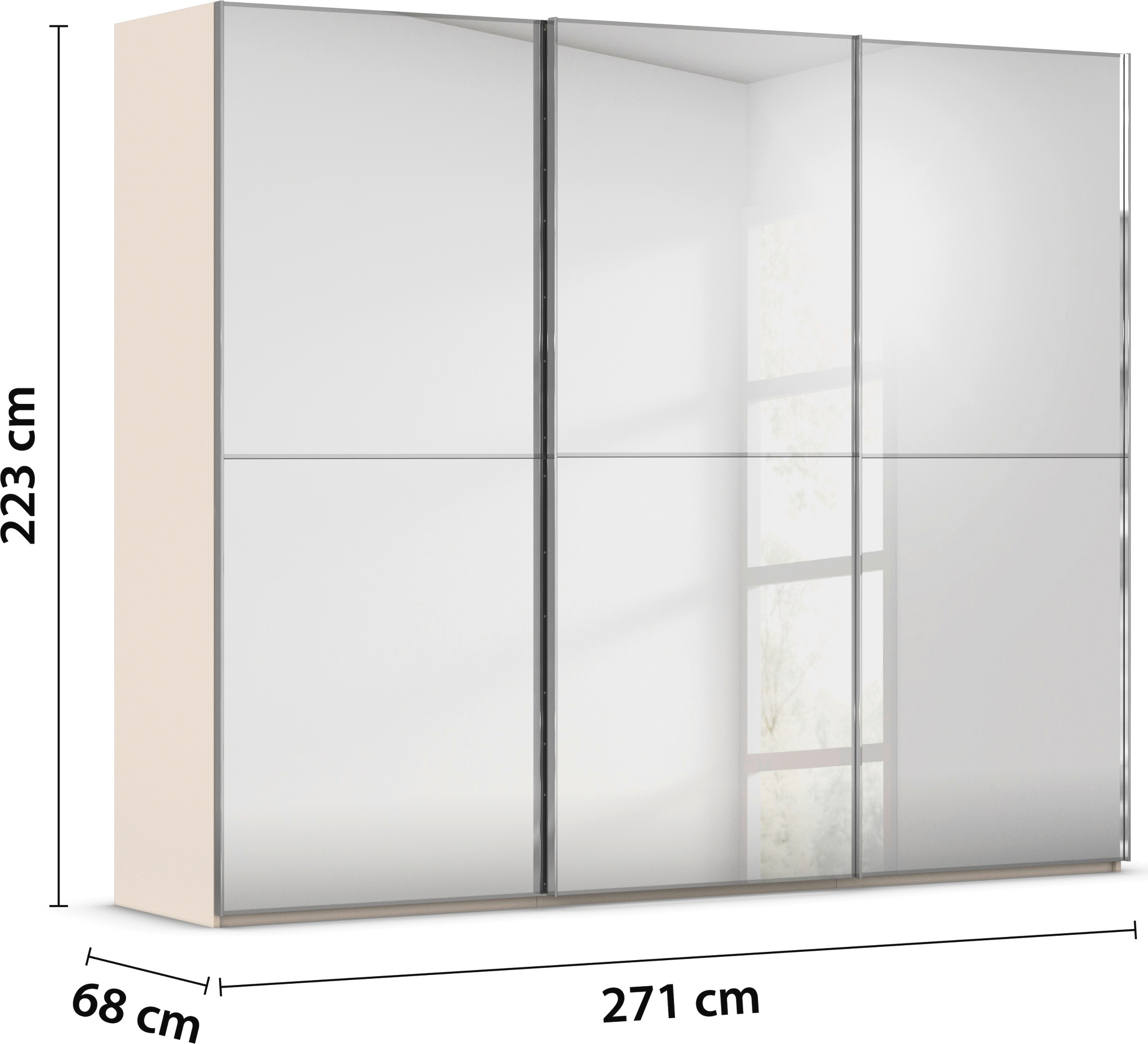 rauch Schwebetürenschrank »Kleiderschrank Schrank Garderobe Schlafzimmerschrank SCALE-DUO«, edle zweigeteilte Türen Spiegelfront und 3 Zierleisten MADE IN GERMANY