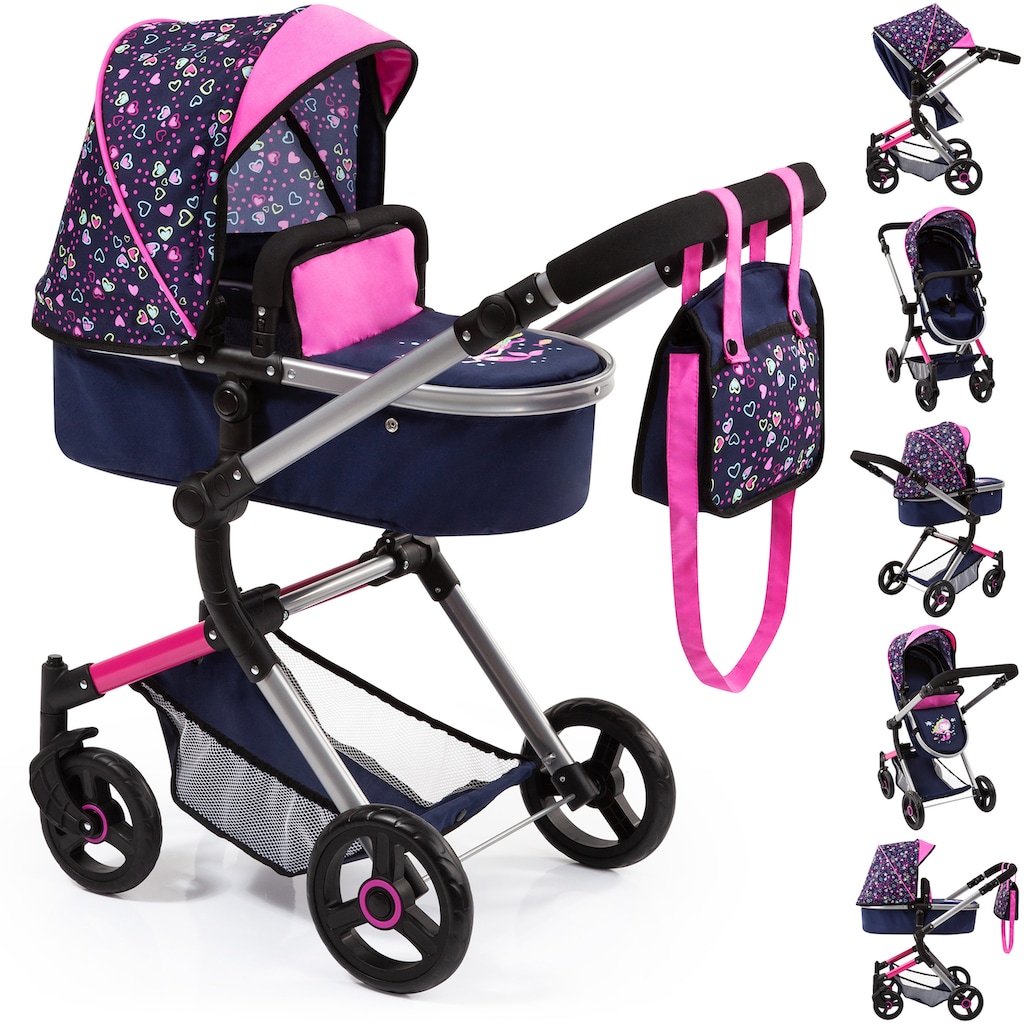 Bayer Kombi-Puppenwagen »Vario, Blau/Pink/Herzchen«