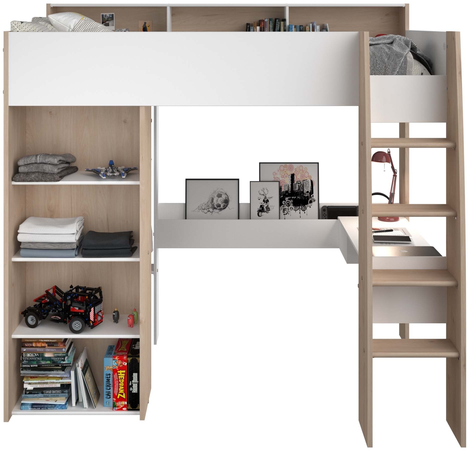 Thumbnail - Parisot Hochbett "Shelter 11" 1 Stk. tlg. integrierter Schreibtisch, Leiter, Regal, Kleiderstange, Ablagen