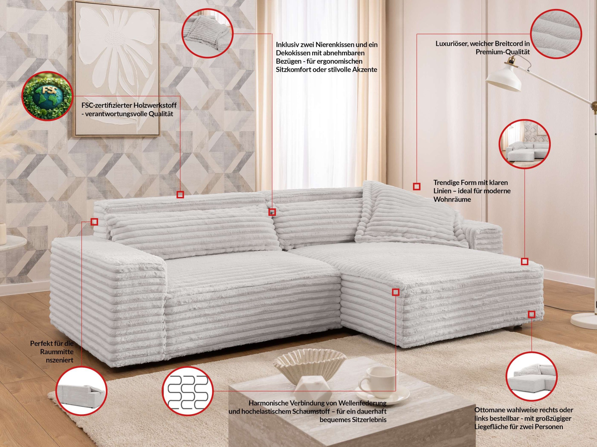 Thumbnail - OTTO home Ecksofa "KINLEE Design-Sofa mit Recamiere rechts/links, Maße B/T/H 251/144/70cm" L-Form mit Wellenunterfederun...