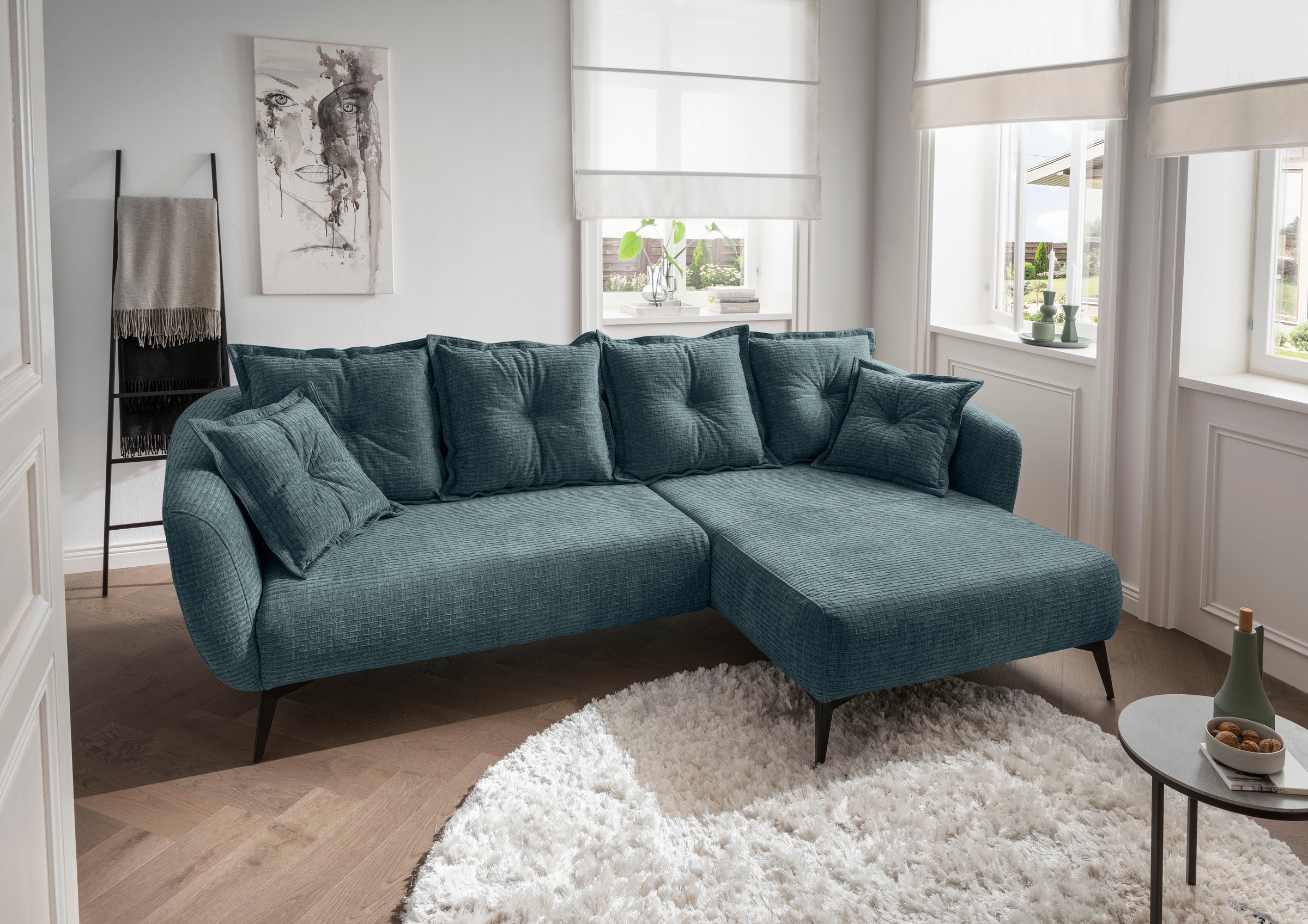 Home affaire Ecksofa »Baggio Stellmaße 277/162 cm, modern & elegant, hoher Fuß« L-Form, schwarze Metallfüße
