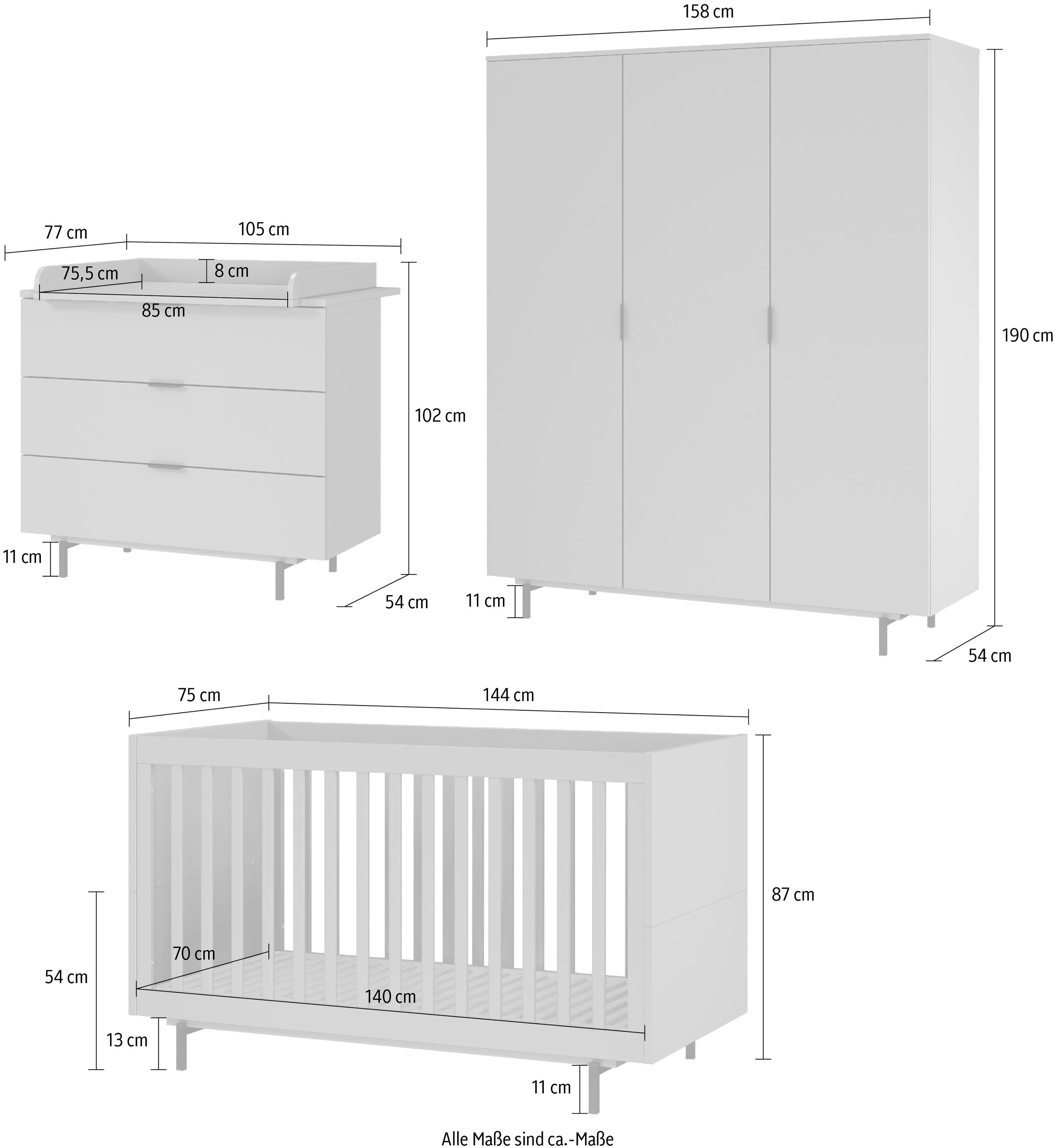 GERMANIA Babymöbel-Set »Tomino«, (Set, 4 tlg.), modernes Design, mitwachsendes Komplett-Set mit großem Schrank