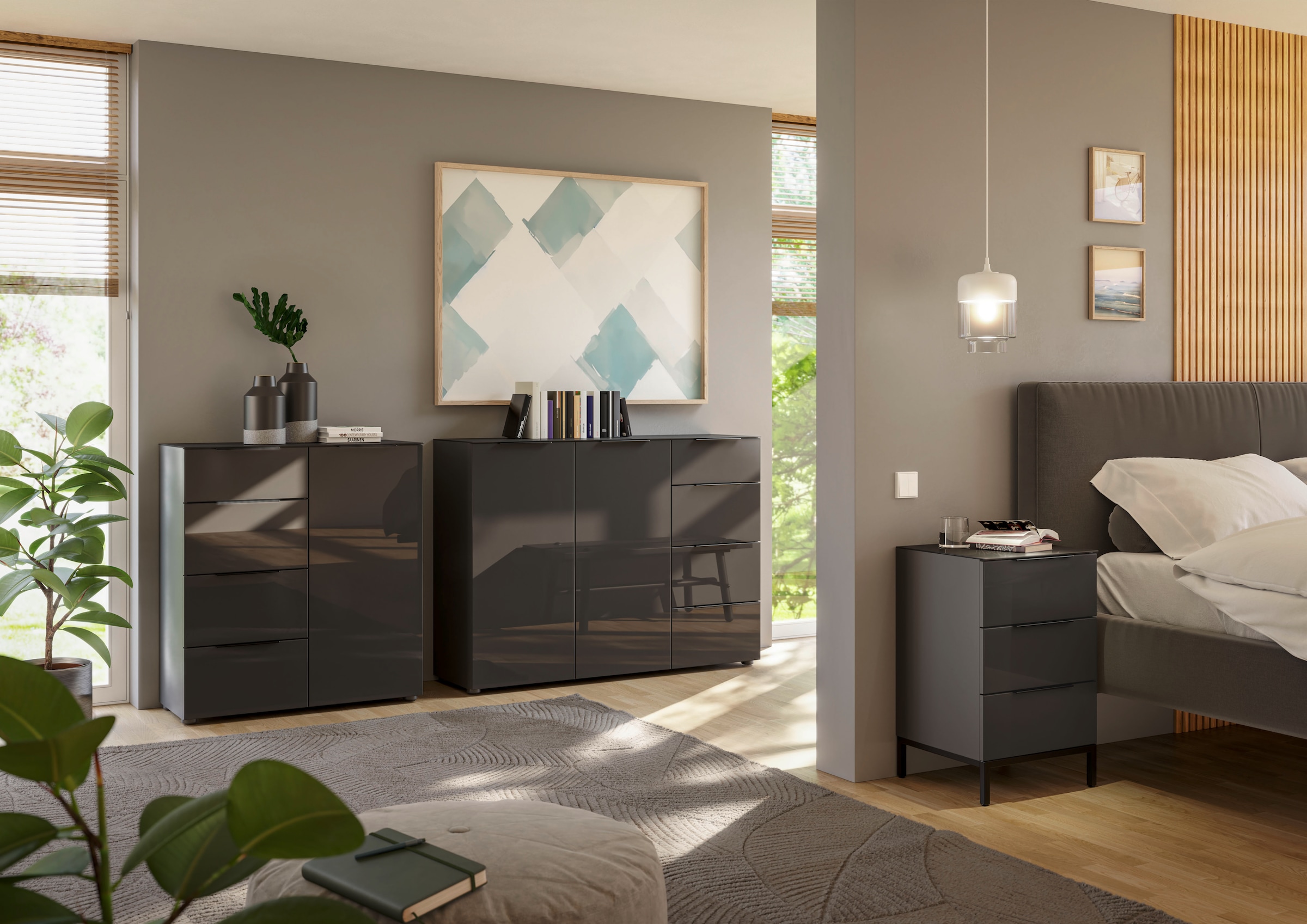 Manjana Möbel Kommode »mit Chrom oder Schwarz matten Metallgriffen & Glasfront, Soft-Close« melaminbeschichteter Korpus, mit Vollauszug, Made in Germany