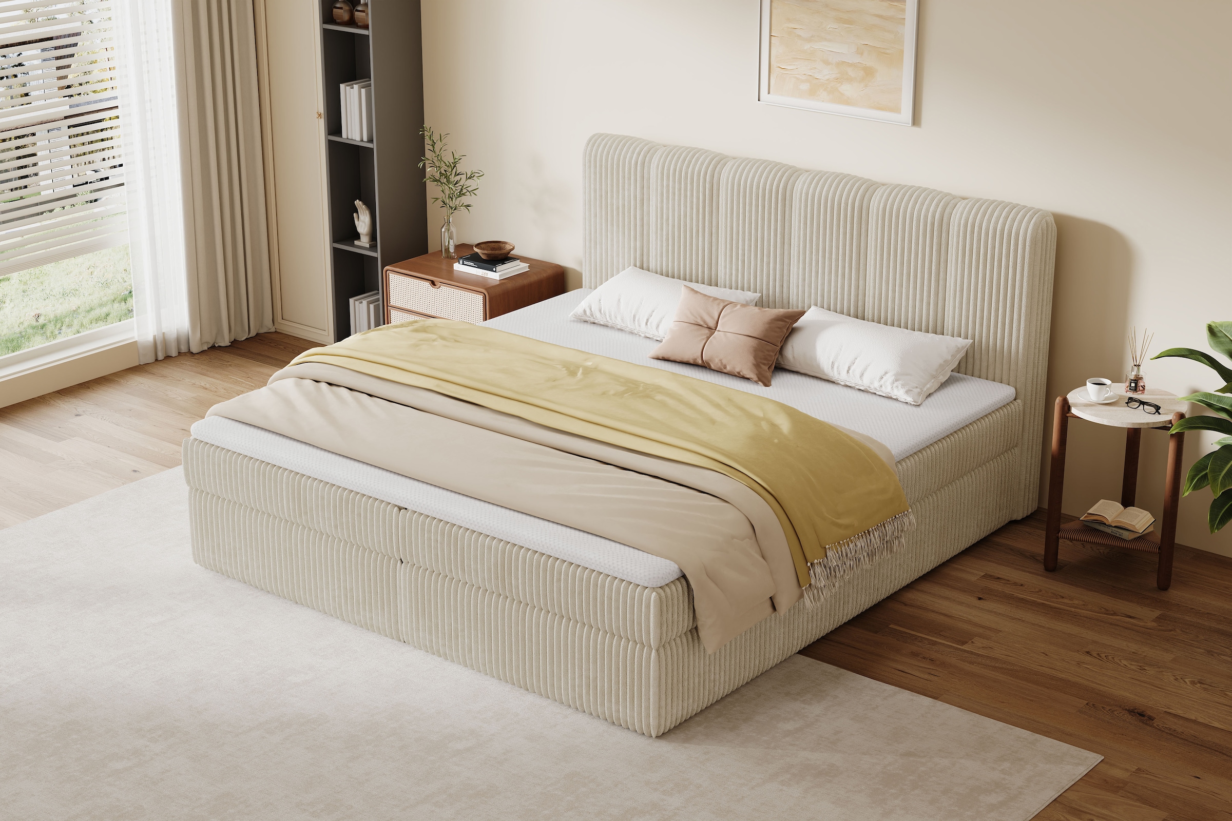 OTTO home Boxbett »SIVVA in der Breite 180cm, flauschiger Breitcord, Farbe: cream« inkl. Taschenfederkernmatratze (H3) & Topper (4cm)
