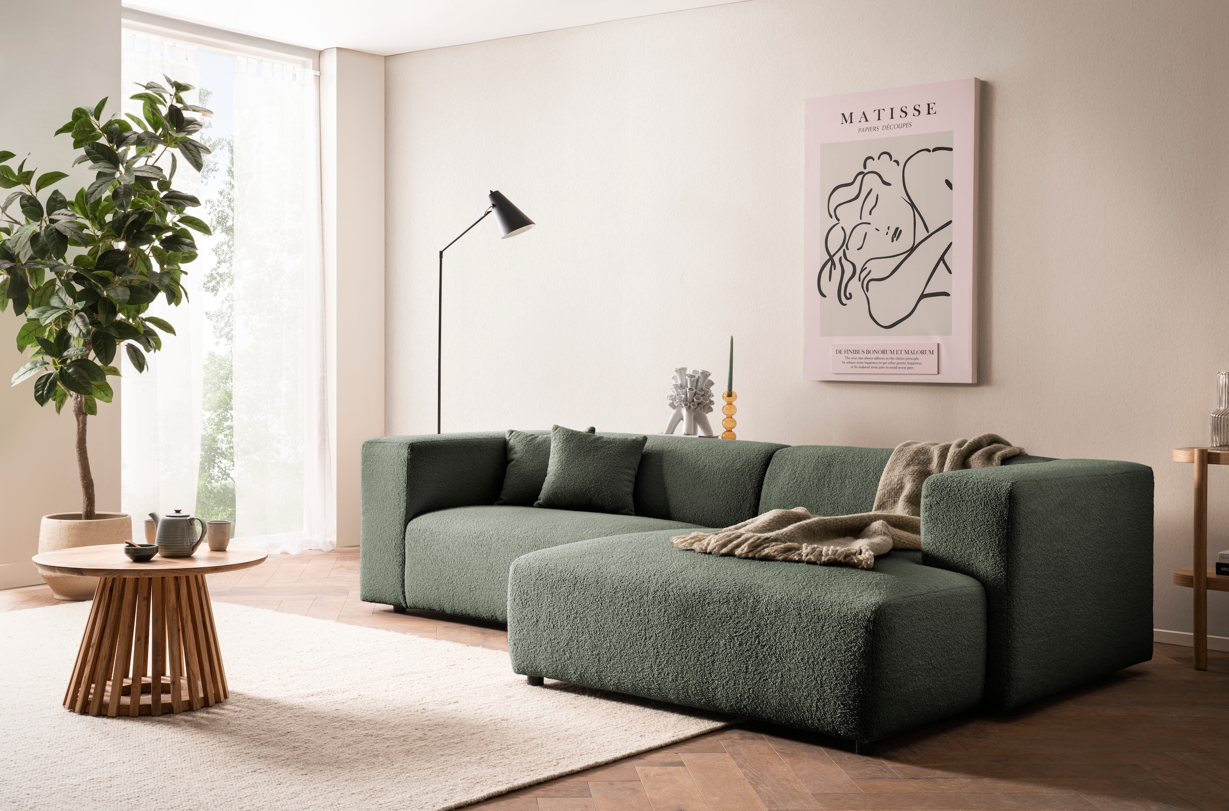 andas Ecksofa »BAKELS, L-Form in Cord oder Boucle-Stoff, moderne Couch«, wahlweise Recamiere rechts/links, bequemer Sitzkomfort