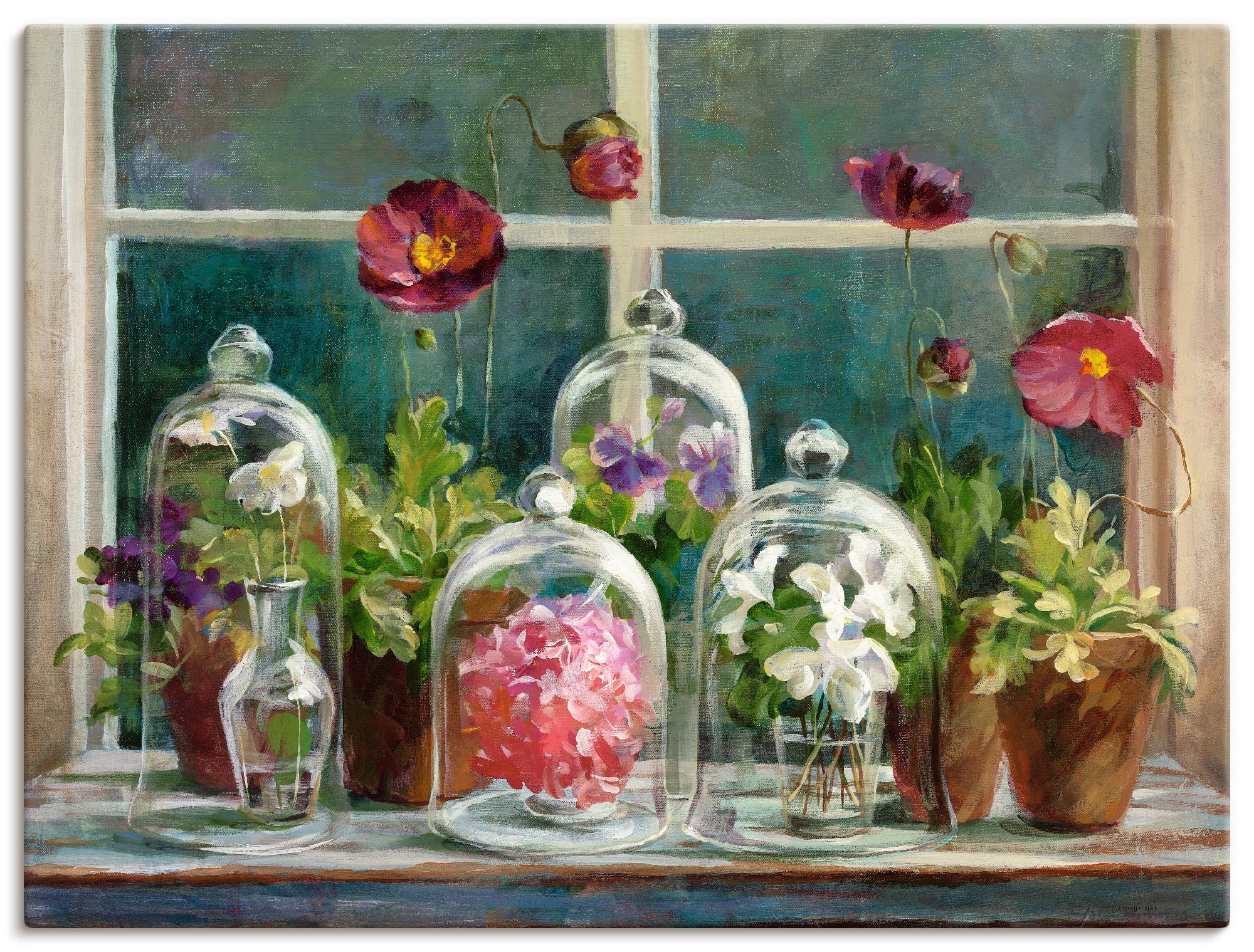 Artland Leinwandbild "Lila Mohnsammlung am Fenster" Arrangements 1 Stk. tlg. auf Holzrahmen gespannt