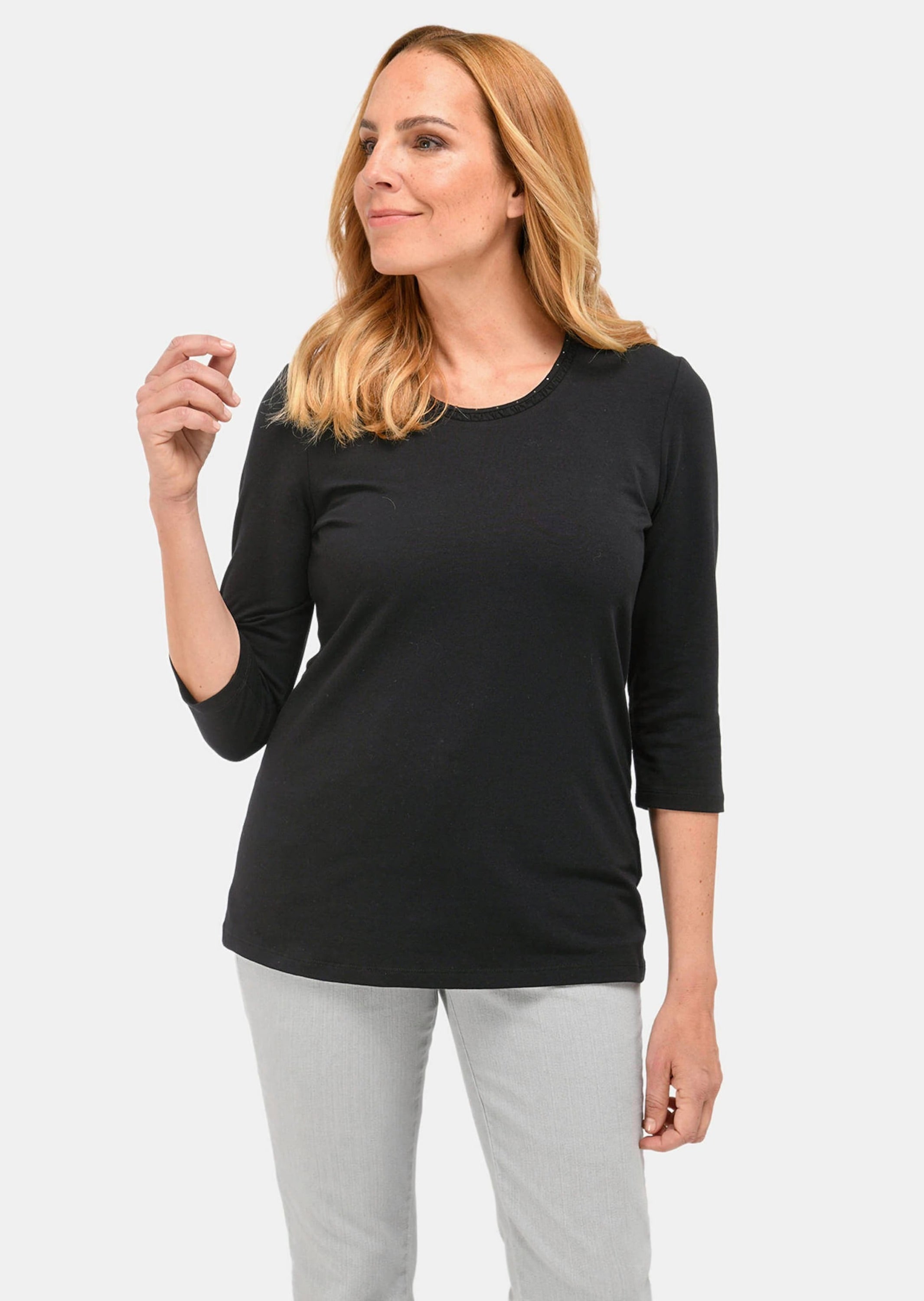 GOLDNER 3/4-Arm-Shirt »Shirt Kurzgröße - Geschmücktes Rundhalsshirt aus Pima-Baumwolle«