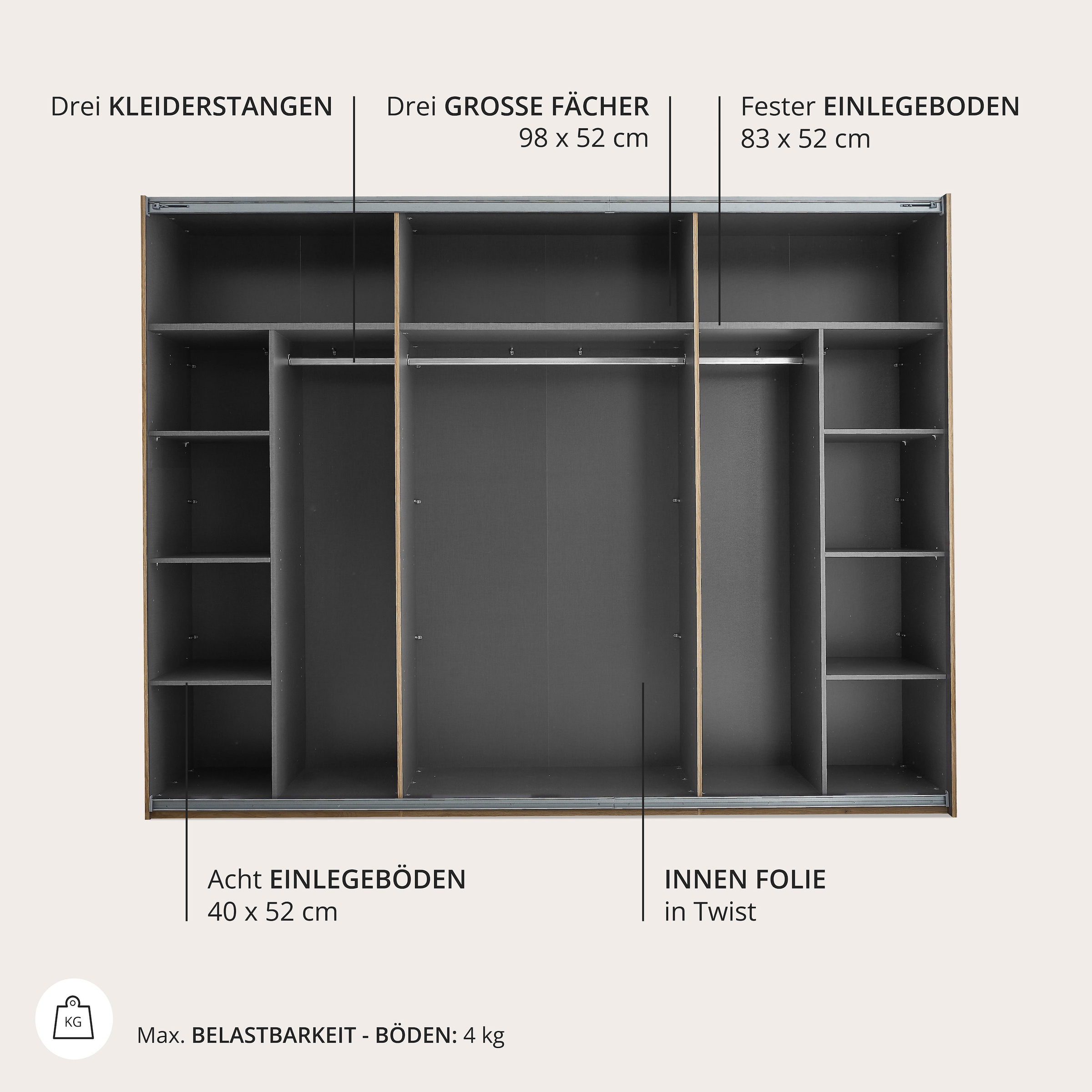 Schlafkontor Schwebetürenschrank »Mesio, 2-türiger Kleiderschrank, Schiebetürenschrank mit viel Stauraum« inklusive Hoteleinteilungen außen und Einlegeböden oben