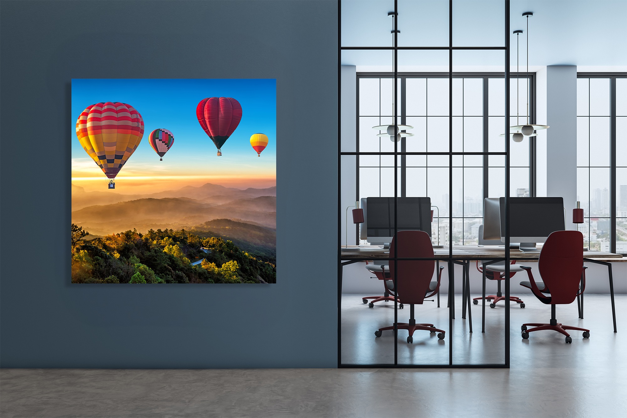 queence XXL-Wandbild »Akustikbild Landschaft mit Heißluftballons« Ballonfahren | Heißluftballon | Himmel | Himmelsbilder | Landschaft 1 Stk. tlg. Einfache Akustiklösung ohne Baumaßnahme, Schalldämmung, Paneele