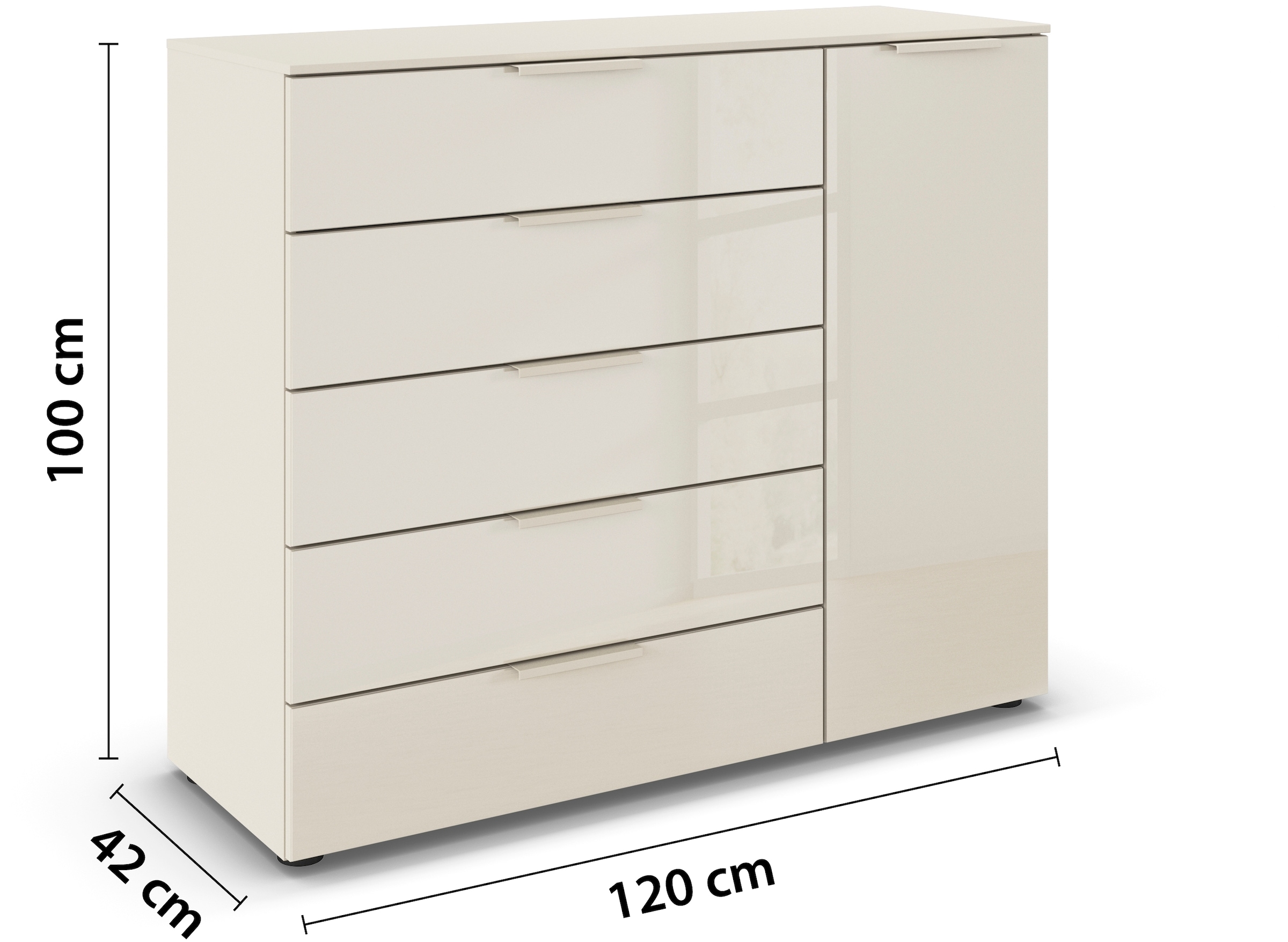 rauch Schubkastenkommode »Kommode Türkommode Sideboard Kombikommode FLIPP mit Glasfront«, (Breite 120 cm mit 2 Einlegeböden), 1-türig mit 5 Schubladen und Soft-Close-Funktion sowie Glasfront