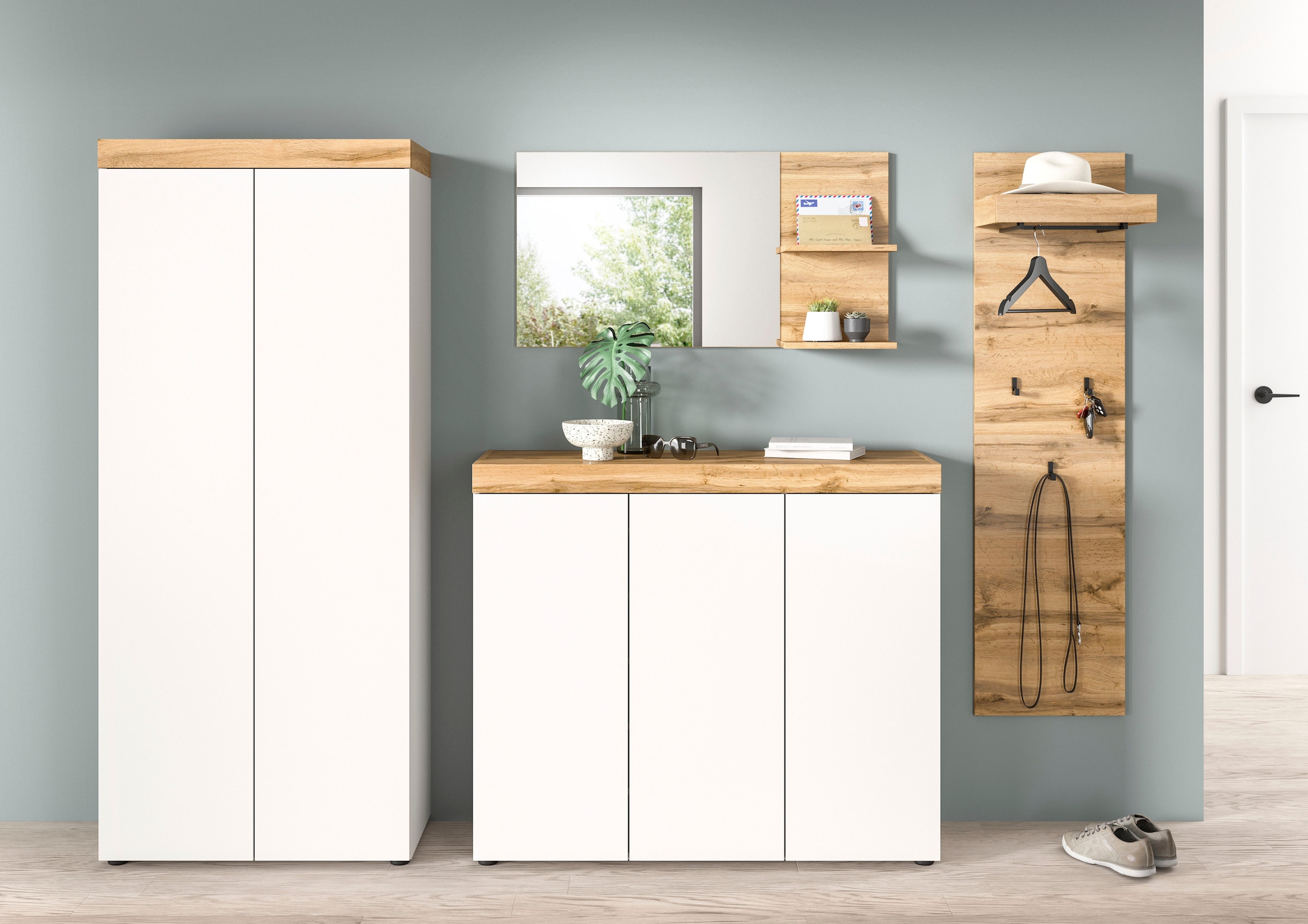 OTTO home Garderoben-Set »MAMBO, TOPSELLER!, 4-teilige Kombination, stehend & hängend montierbar« bestehend aus: Garderobenschrank, Kommode, Spiegel, Garderobenpaneel, 4 Stk. tlg.