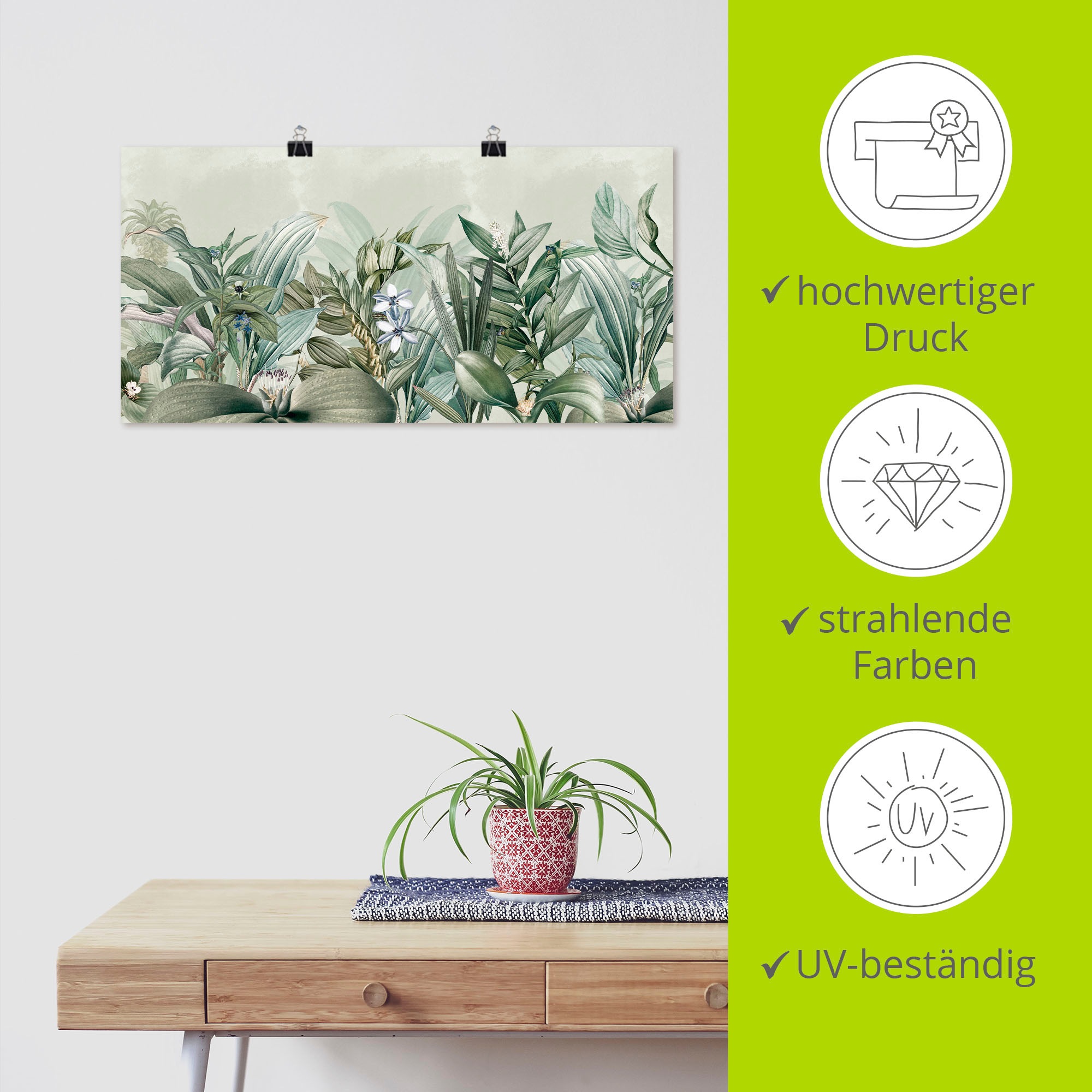 Wandbild ARTLAND "Exotischer Floral Garten Landschaft", farbe bild(er): grün, B:40cm H:20cm, Papier, Bilder, als Alubild, Leinwandbild, Poster, Wandaufkleber in verschied. Größen 2