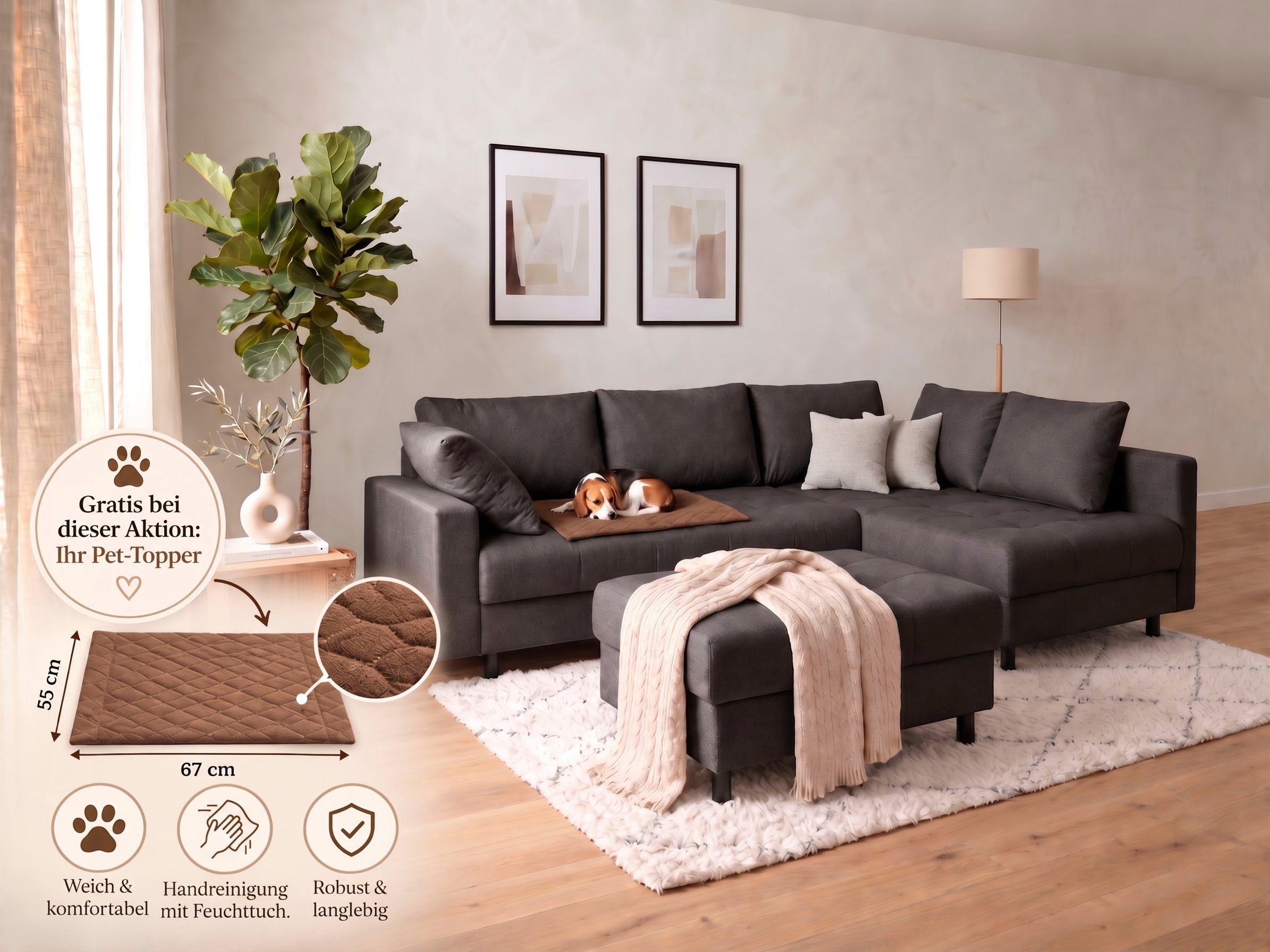COLLECTION AB Ecksofa »Toni XL L-Form B:274 cm Set inkl. Hocker, AKTION mit Pet Topper« Set: Sofa & Hocker, 2 Zierkissen, Bonell-Federkern