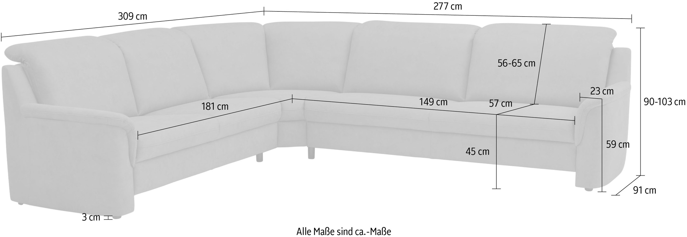 VILLA BECK Ecksofa »Garda L-Form«, (4 St.), inklusive Kopfteilverstellung, Stellmaß 309x277 cm