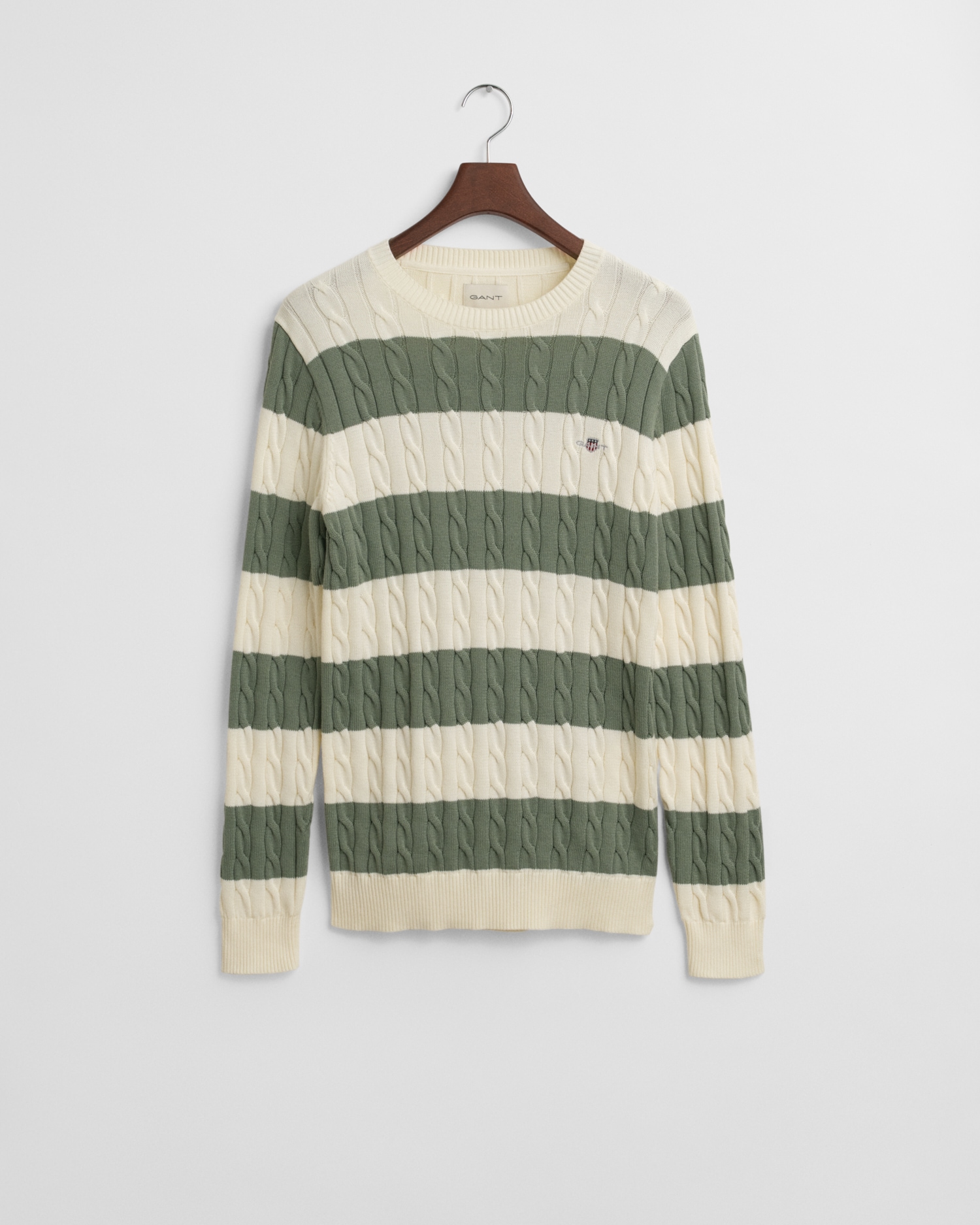 Gant Rundhalspullover »STRIPED COTTON CABLE C-NECK«, besticht durch ein durchgehendes Streifenmuster in Zopfstrickstruktur