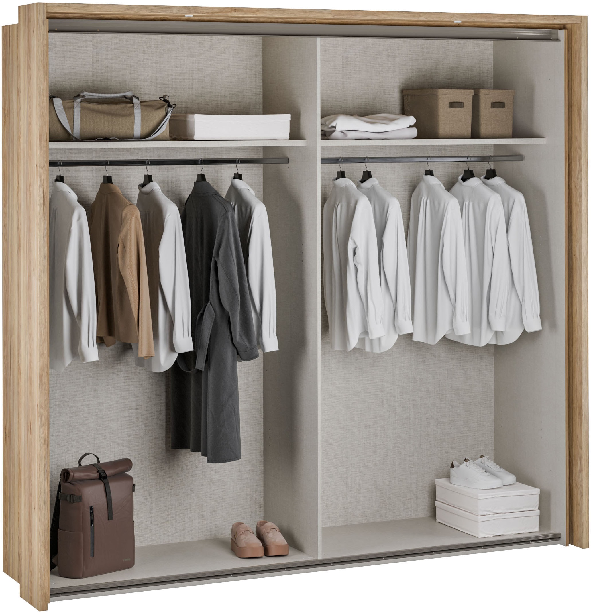 FORTE Schwebetürenschrank »Forte Seravel Schwebetürenschrank, Lamellenoptik, inkl. Beleuchtung« B/H/T 231,1/215,9/63,8 cm, Zubehör optional bestellbar