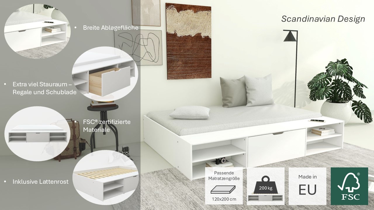 Home affaire Stauraumbett »Cavan, Jugendbett, Podestbett, Futonbett, Made in EU«, (Breite/ Belastbarkeit: 120cm/200 KG, 90cm/ 100KG), inklusive Lattenrost, viel Stauraum, breite Ablage, FSC® zertifiziert