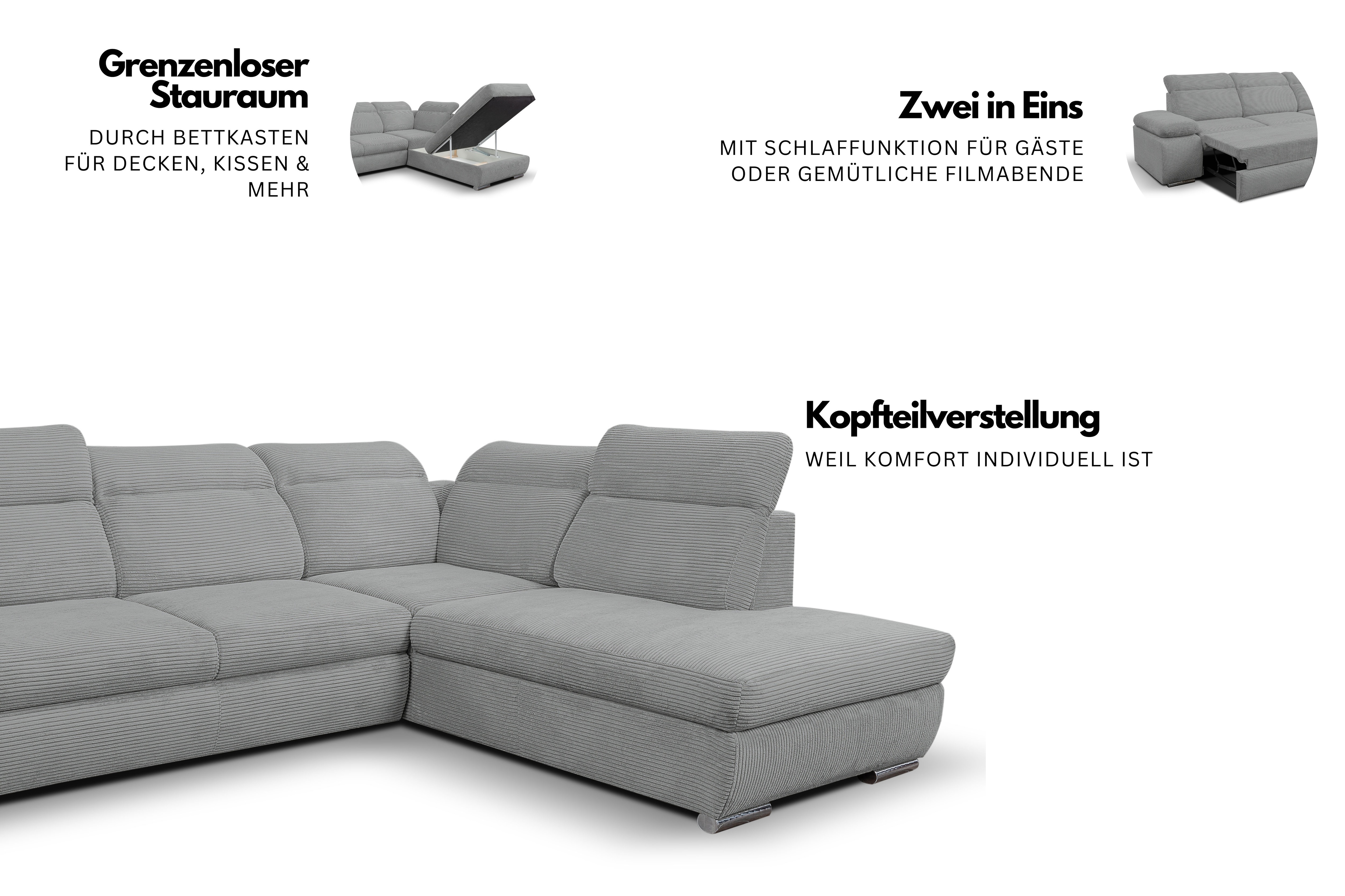 Thumbnail - WERK2 Ecksofa "Alicante Cord, inkl. Bettfunktion & Bettkasten, Breite 280cm, L-Form" Schlafsofa mit Bettkasten & verstel...