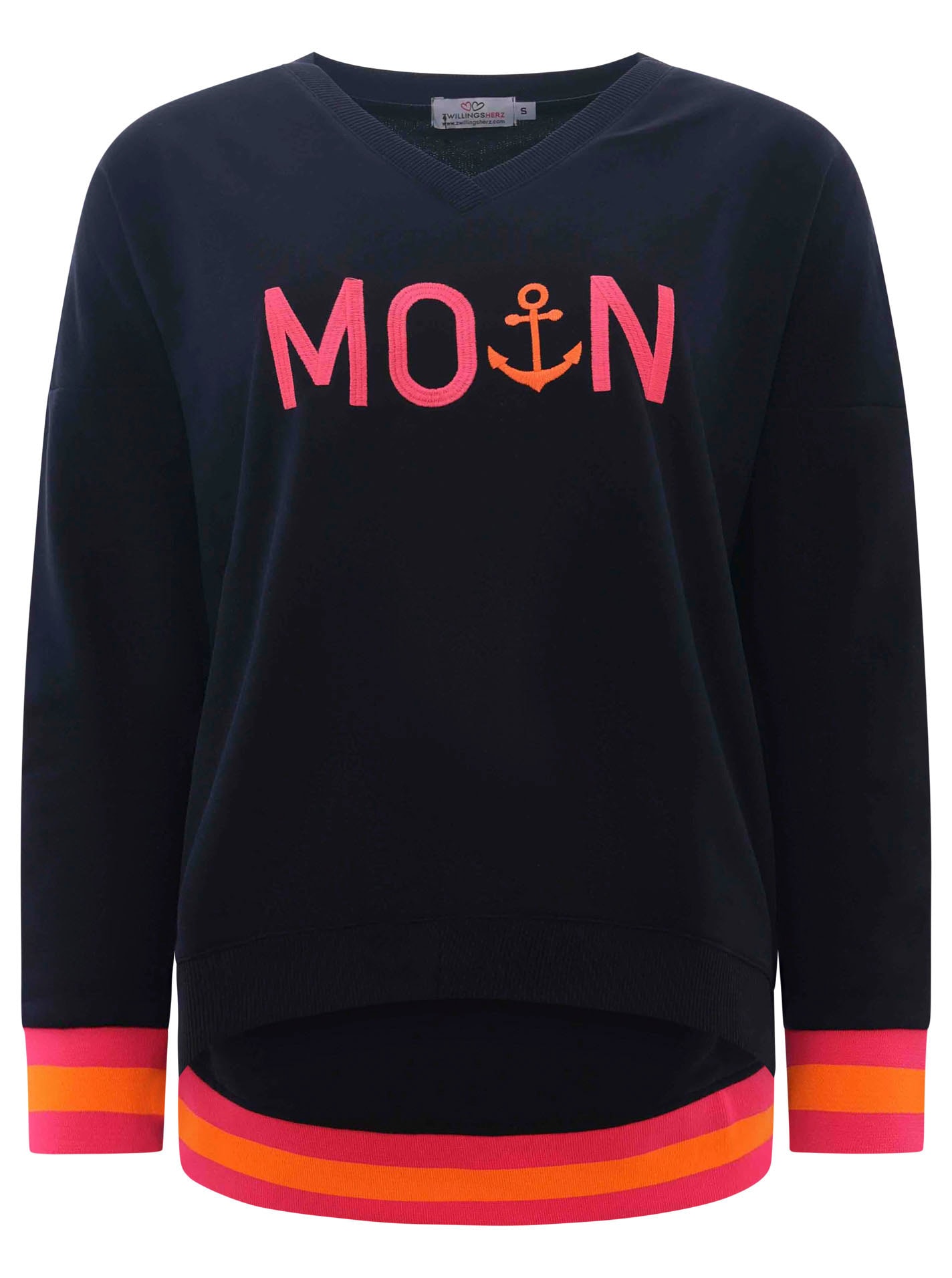 Zwillingsherz Sweatshirt, mit V-Ausschnitt und aufgesticktem "Moin" in Neonfarben