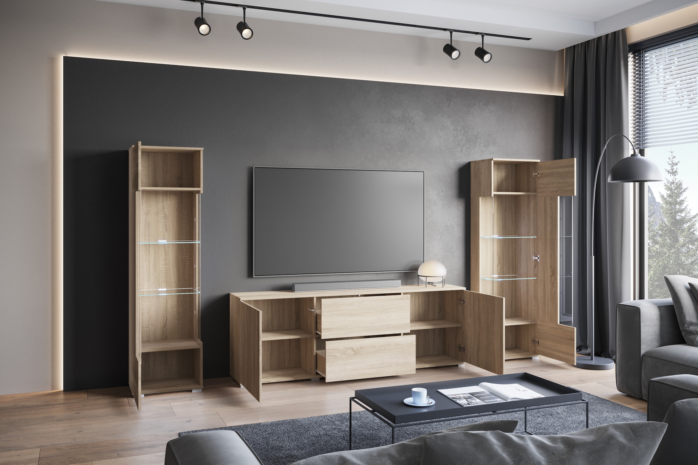 INOSIGN Wohnwand »KENIA«, (Komplett-Set, 3 St.), Vitrinen mit Eckverglasung, hängend und stehend montierbar