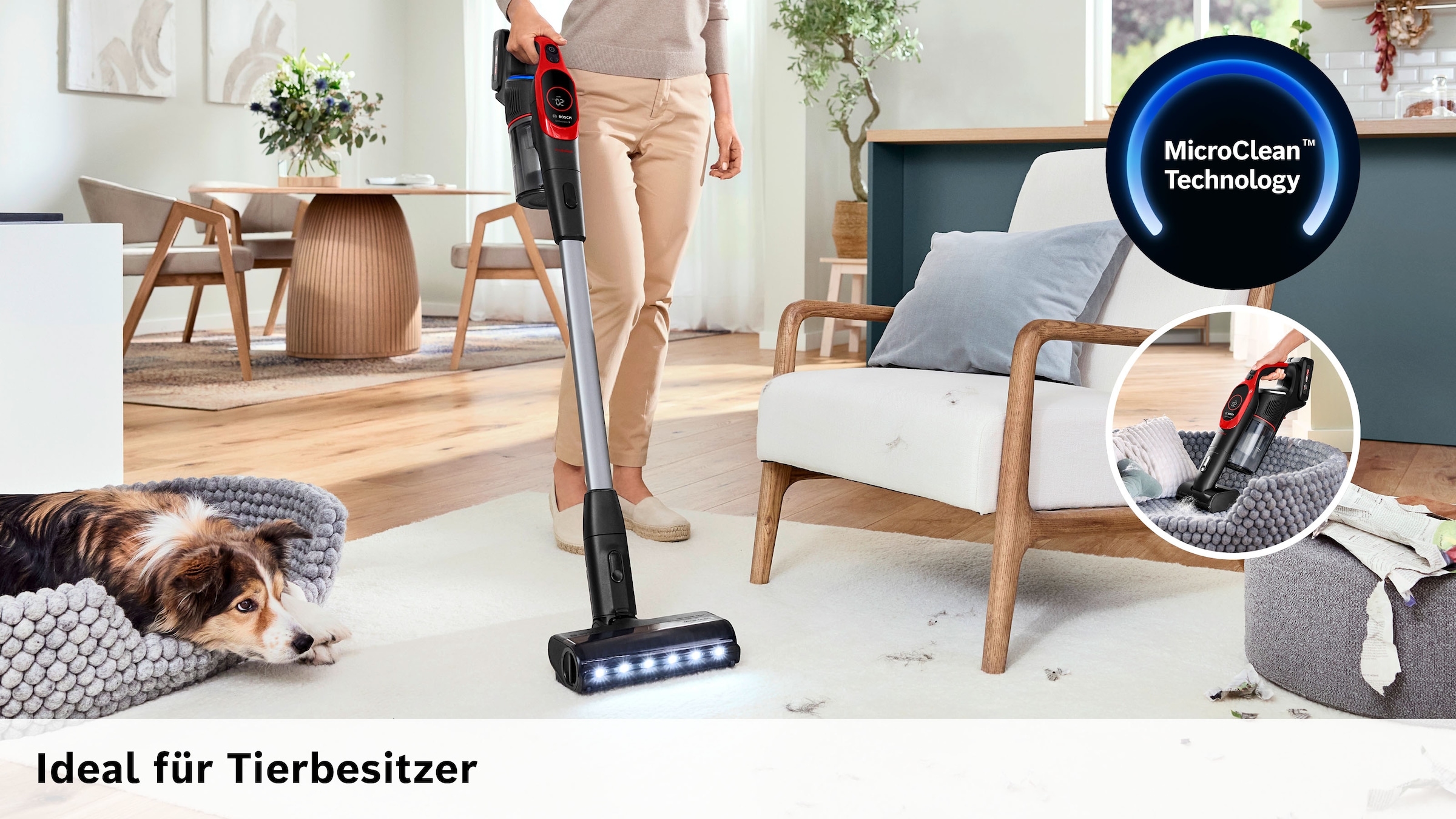 BOSCH Akku-Stielstaubsauger »Unlimited 9 ProAnimal BKS941PET, MicroClean™ Technology« HEPA-Filtersystem, 10 Jahre Motorgarantie, Schnellladegerät, LED Licht