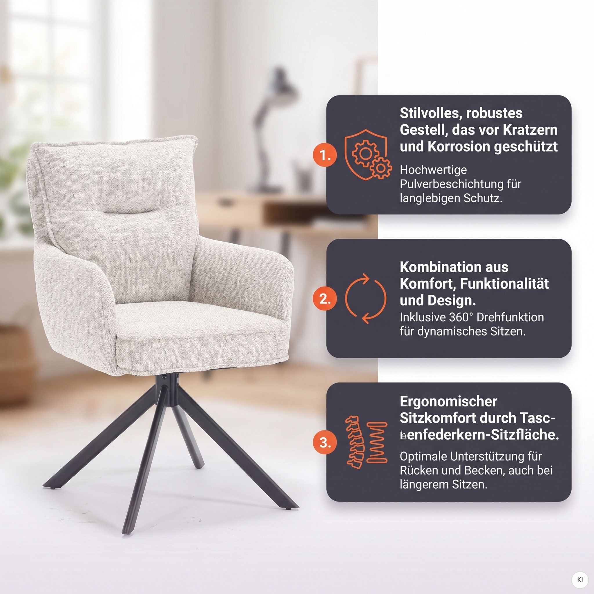 SalesFever Esszimmerstuhl »Austin - Armlehnstuhl mit hochwertiger Taschenfederkern-Polsterung« () 1 Stk.Esszimmersessel: 360° Drehfunktion mit stilvollem Metallfuß