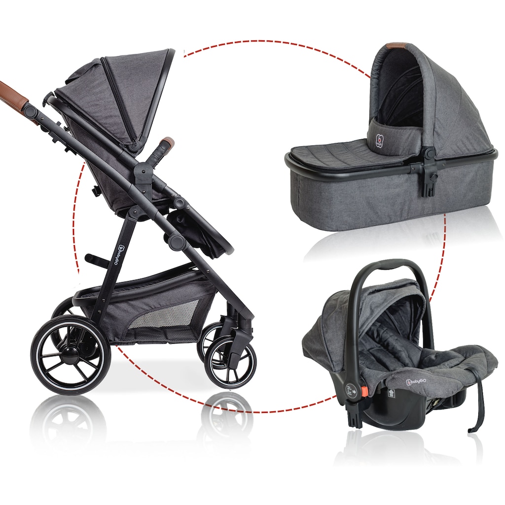 BabyGo Kombi-Kinderwagen »Simplex 3in1 Pram, Grey melange«, 15 kg, inkl. Babywanne + Matratze, Sportaufsatz, Babyschale & Wickeltasche