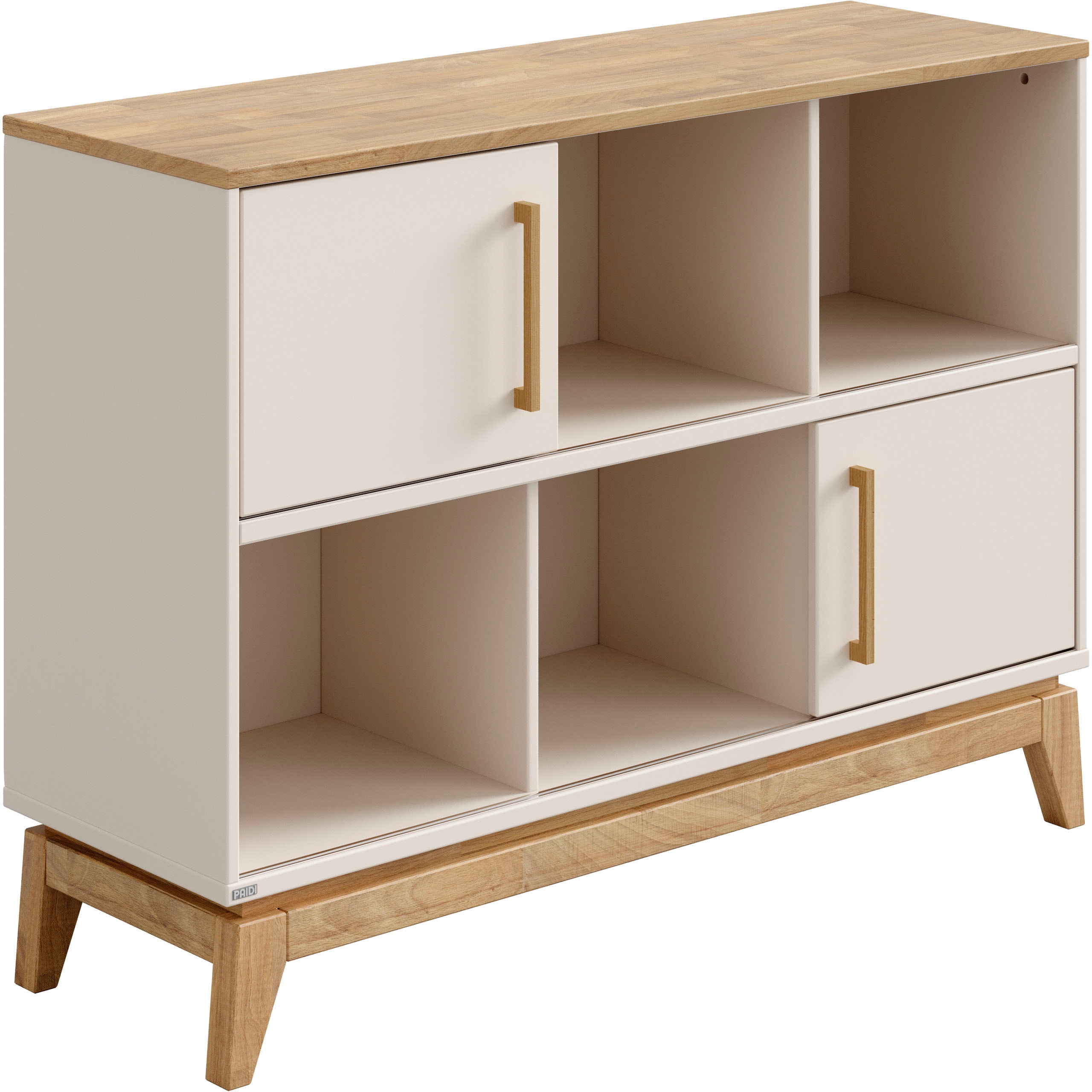 PAIDI Sideboard "STIENE in Beige oder Grau, 6 Fächer und 2 Schiebetüren mit Soft-Close" B/H/T ca. 124/91/40cm, stabiles Regal mit Massivholz, Standregal, geprüfte Qualität