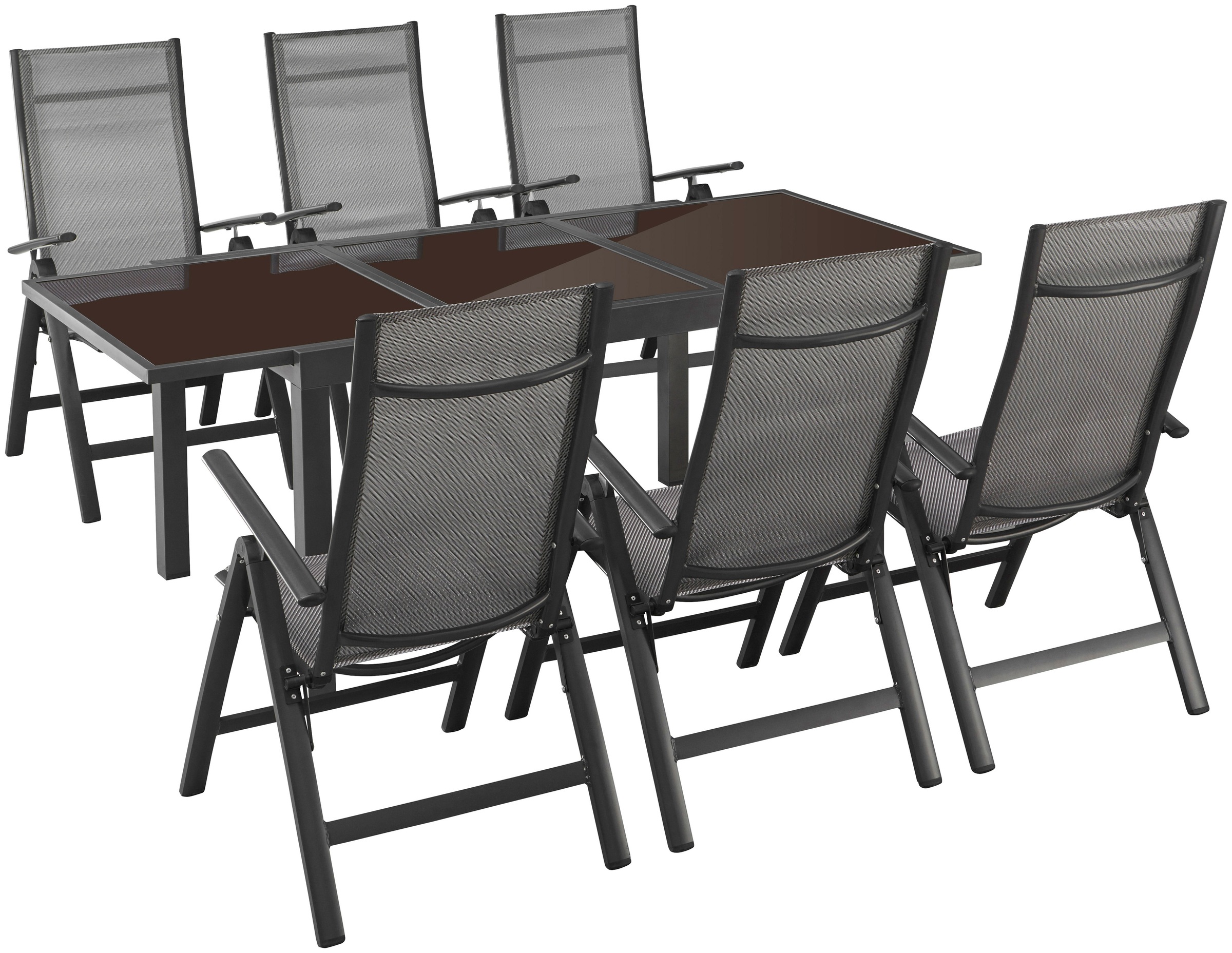 Garten-Essgruppe MERXX "Amalfi", schwarz (anthrazit, braun, diamantfarben), Obermaterial: 100% Polyester, Sitzmöbel-Sets, 6 Stühle mit Tisch 2