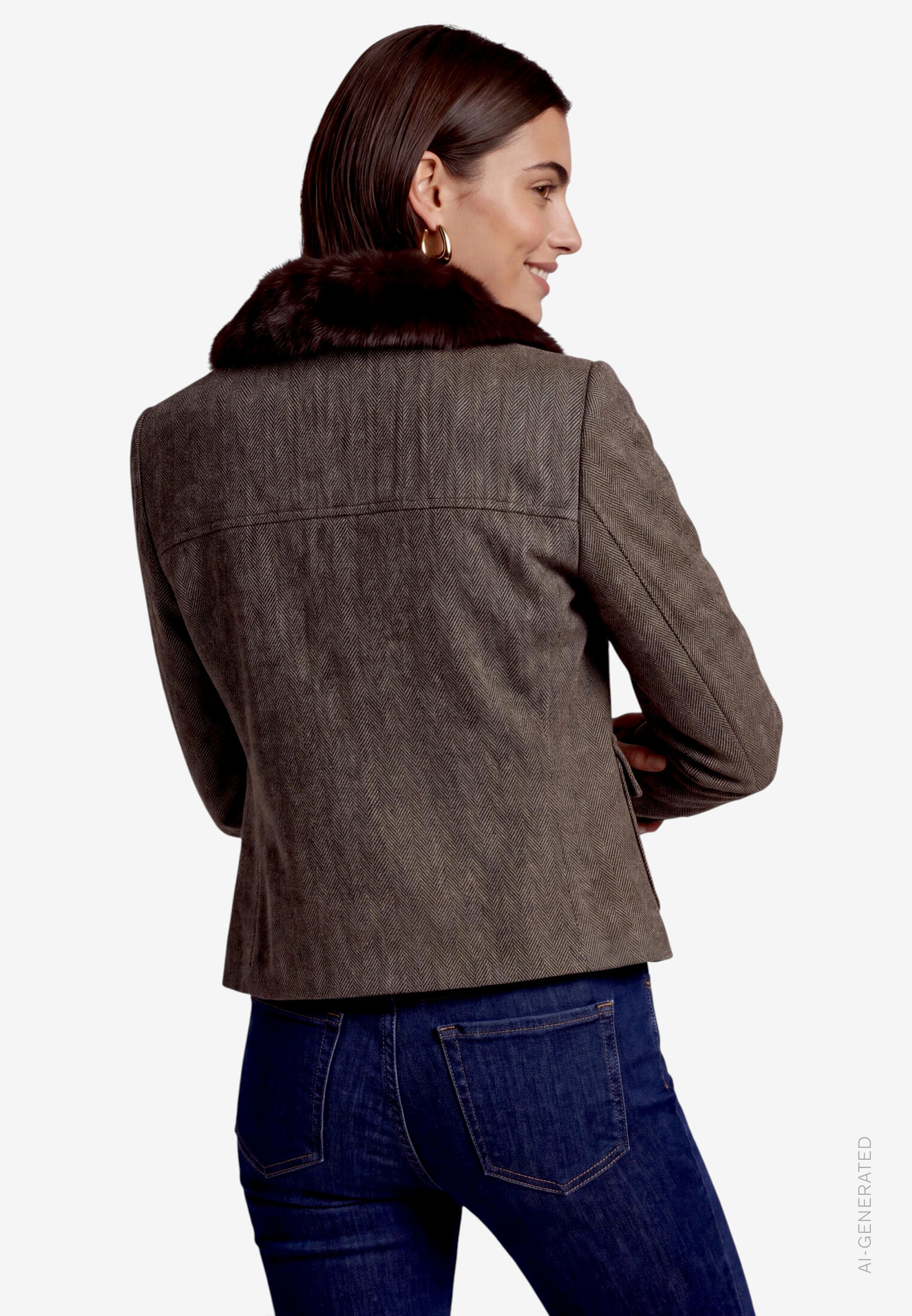 Zero Kurzblazer Übergangsjacke mit Kunstfellkragen / Fischgratmuster