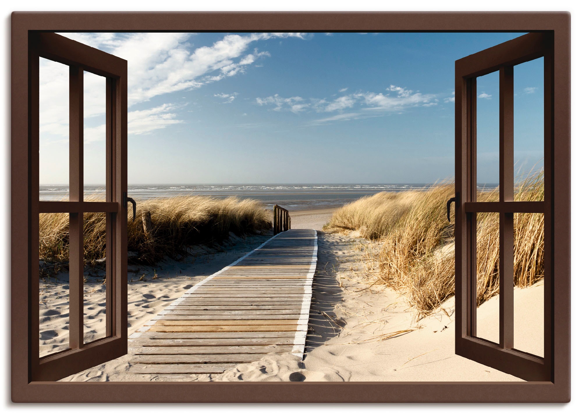 in | als auf Größen Nordseestrand Poster St.), Artland BAUR Wandbild Wandaufkleber »Fensterblick (1 oder versch. bestellen Fensterblick, Leinwandbild, Langeoog«,