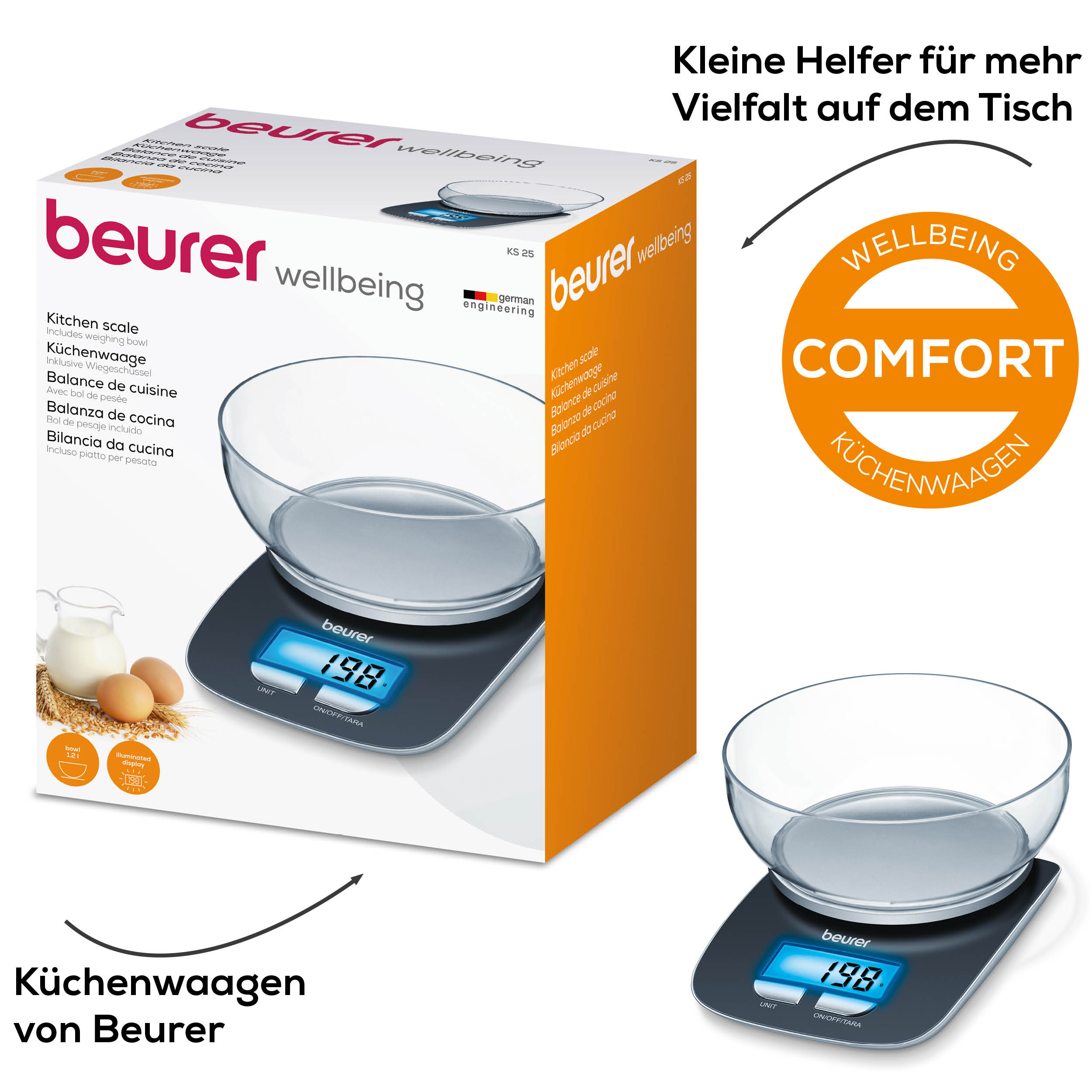 BEURER Küchenwaage "KS 25 Haushaltswaage, mit praktischer Schüssel, Tara-Zuwiegefunktion" Koch- und Backwaage mit 3 kg Tragkraft und Schüssel mit 1,2l