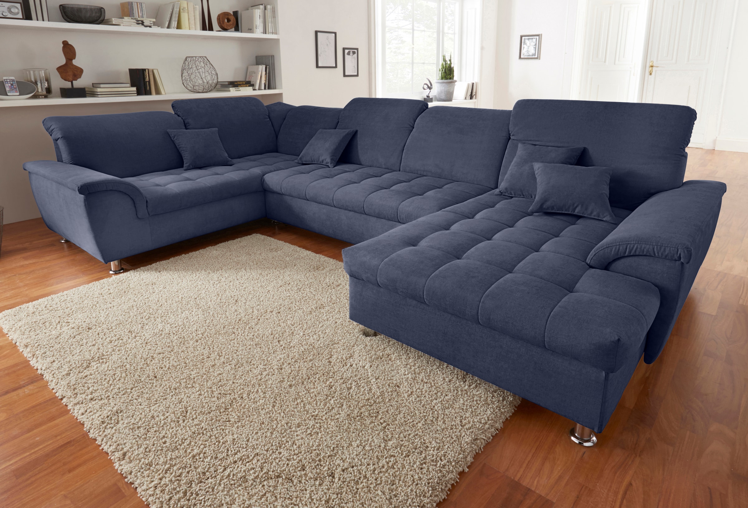DOMO collection Wohnlandschaft "FRANZI 344x206x81 cm, elegant, komfortabel" U-Form, Recamiere rechts, marine, B/T: 344/206 cm
