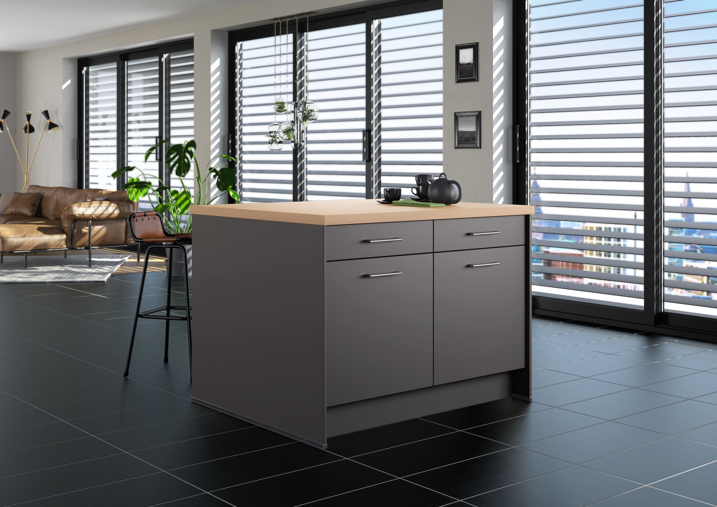 IMPULS KÜCHEN Kücheninsel »Kopenhagen, flexibel stellbar, Schubkästen mit Soft-Close« Set,  vormontiert, mit integriertem Sitzplatz auf einer Seite, Breite 123 cm