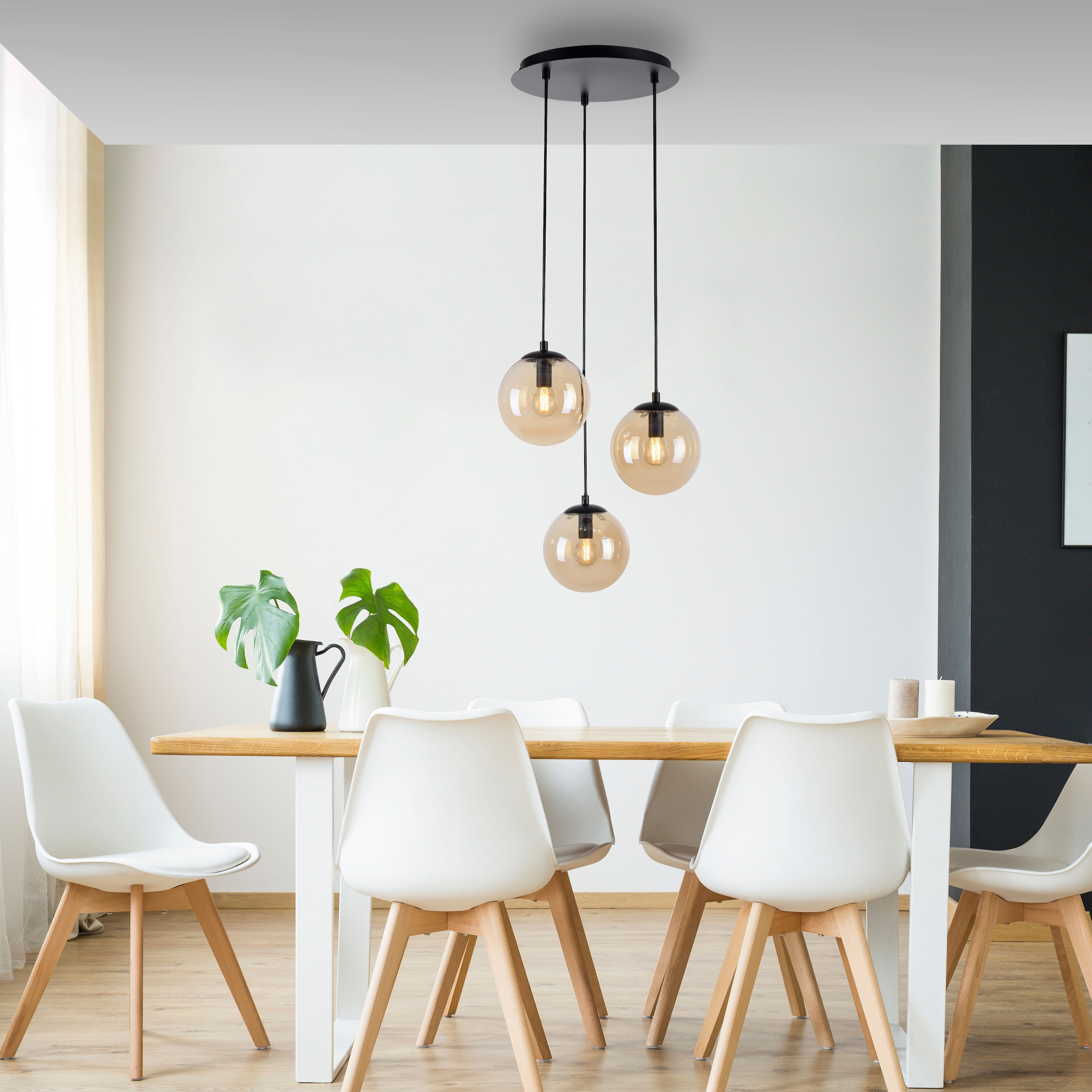 my home Pendelleuchte »Nymölla«, 3 flammig, Leuchtmittel E14 | ohne Leuchtmittel, Hängeleuchte mit großen Glaskugeln, amberfarben oder opal matt weiß